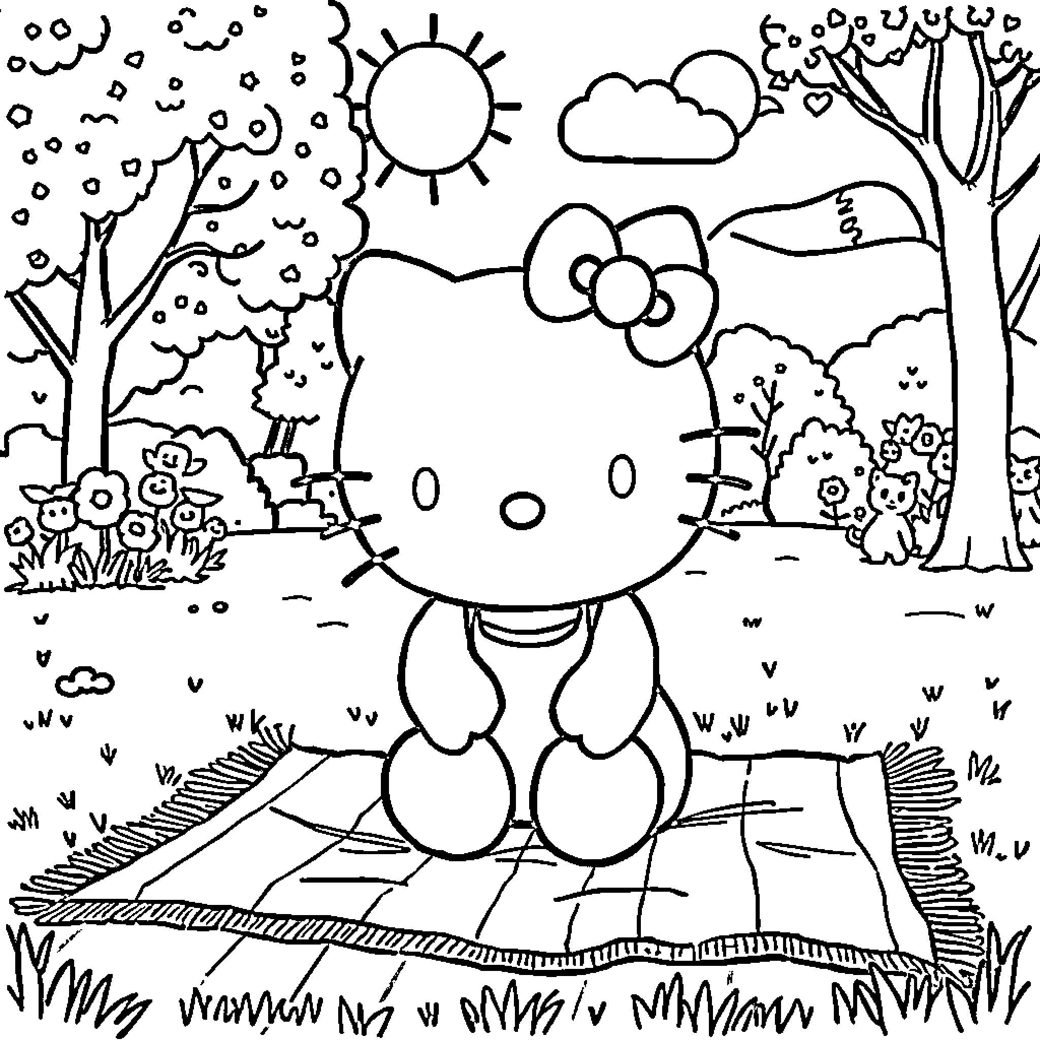 Hello Kitty enjoying nature in the park Coloring Page (free black-and-white line drawing printable PDF for all, from beginners to advanced learners, including children, teens, adults, and seniors)
