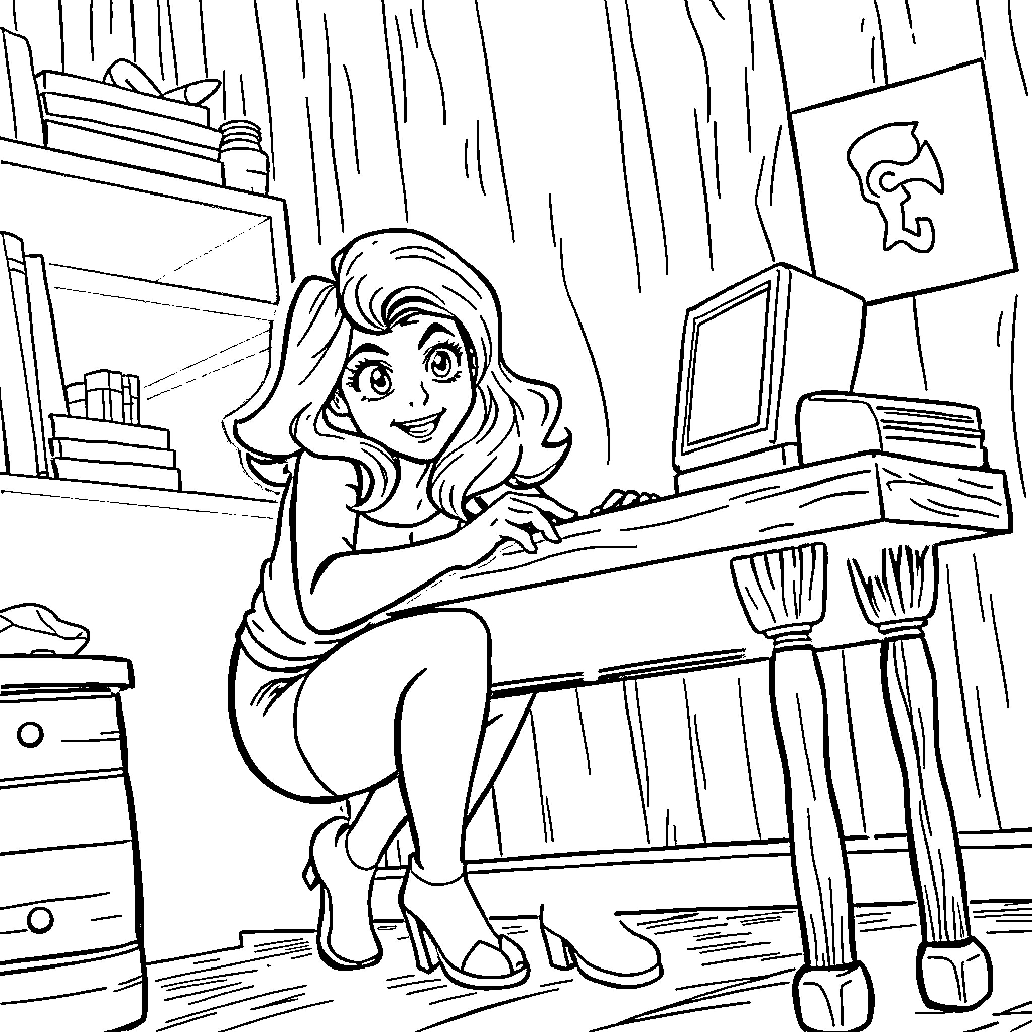 April O'Neill working diligently at her desk Coloring Page (free black-and-white line drawing printable PDF for all, from beginners to advanced learners, including children, teens, adults, and seniors)
