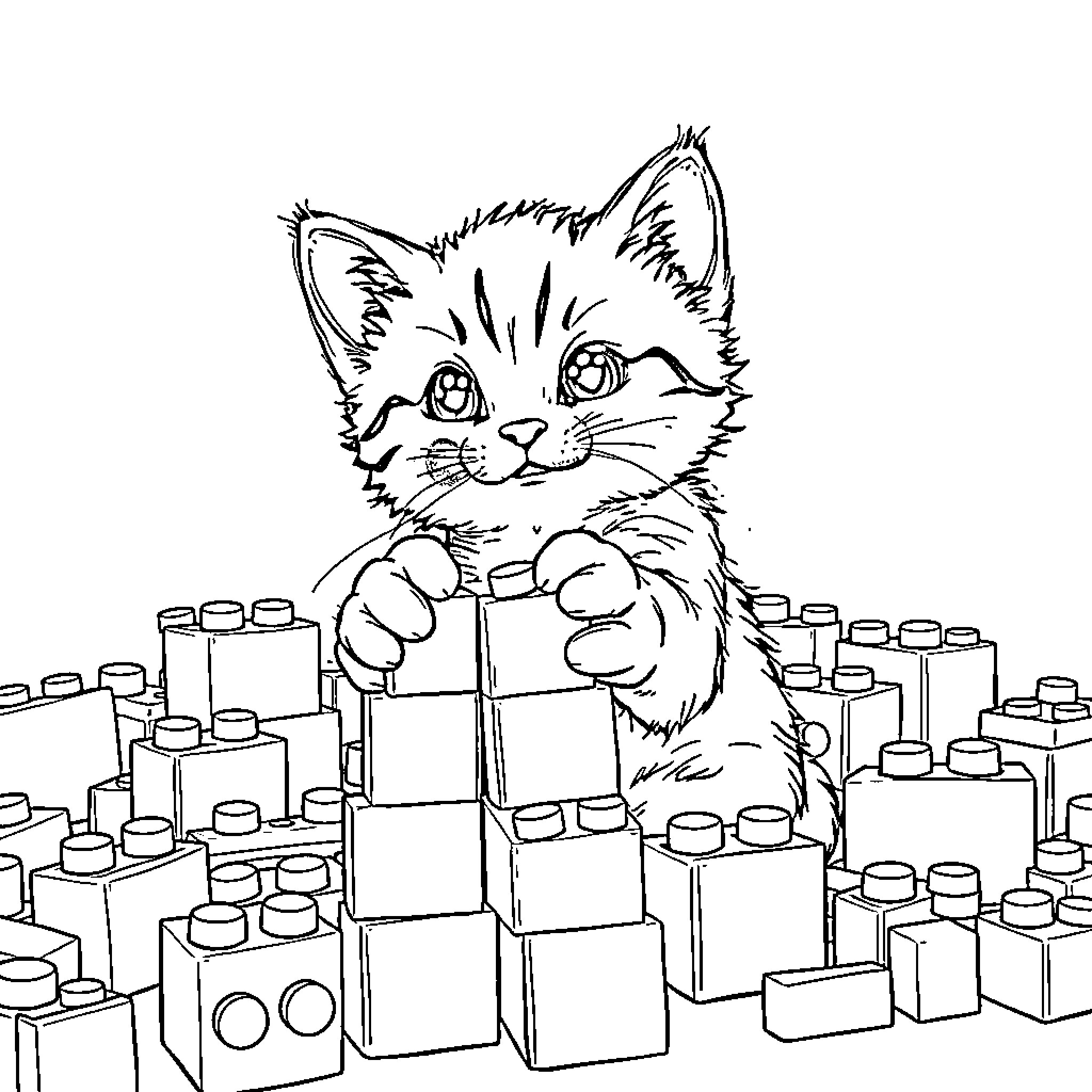 Kitten exploring a pile of building blocks Coloring Page (free black-and-white line drawing printable PDF for all, from beginners to advanced learners, including children, teens, adults, and seniors)
