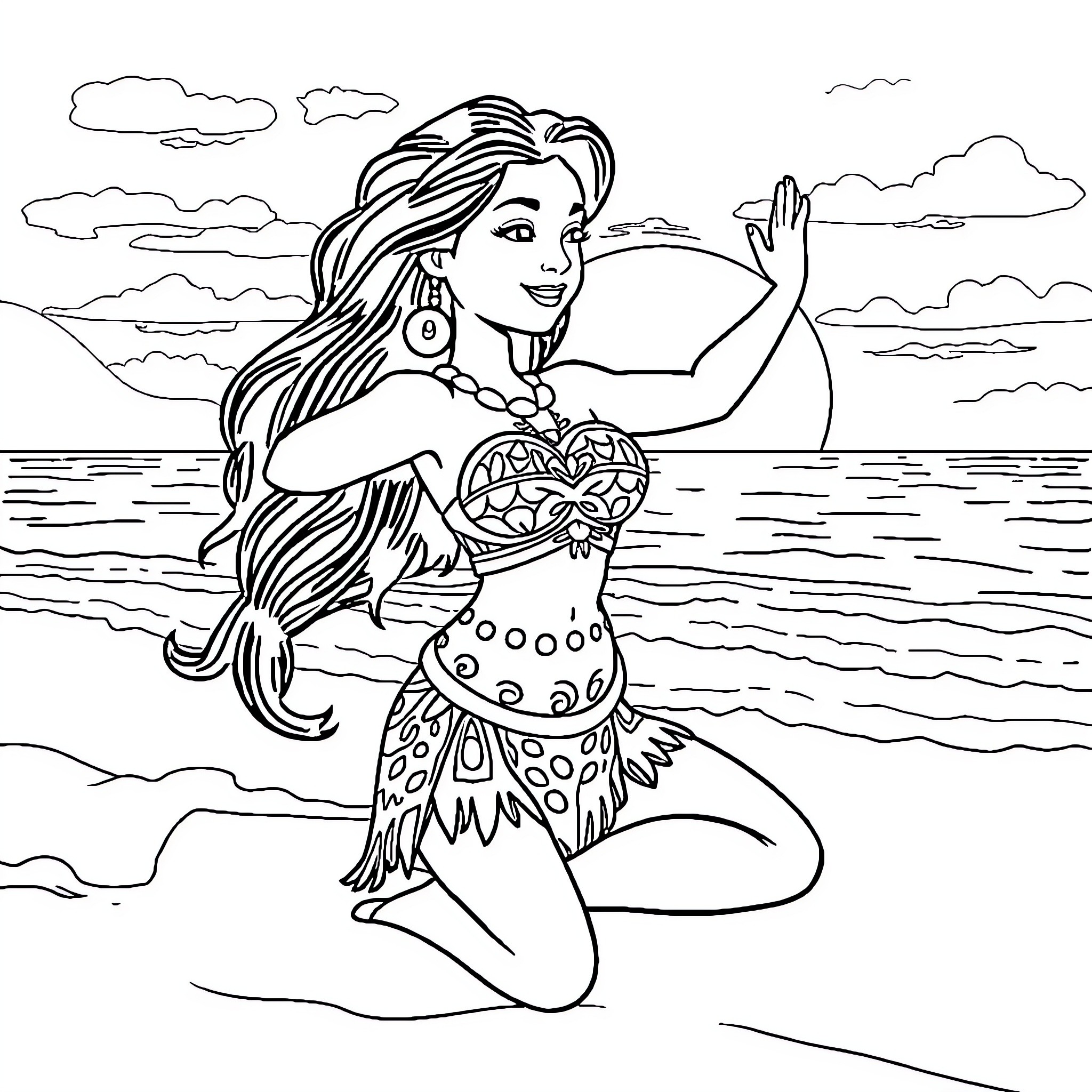 Moana waving and holding a basket on the beach Coloring Page (free black-and-white line drawing printable PDF for all, from beginners to advanced learners, including children, teens, adults, and seniors)