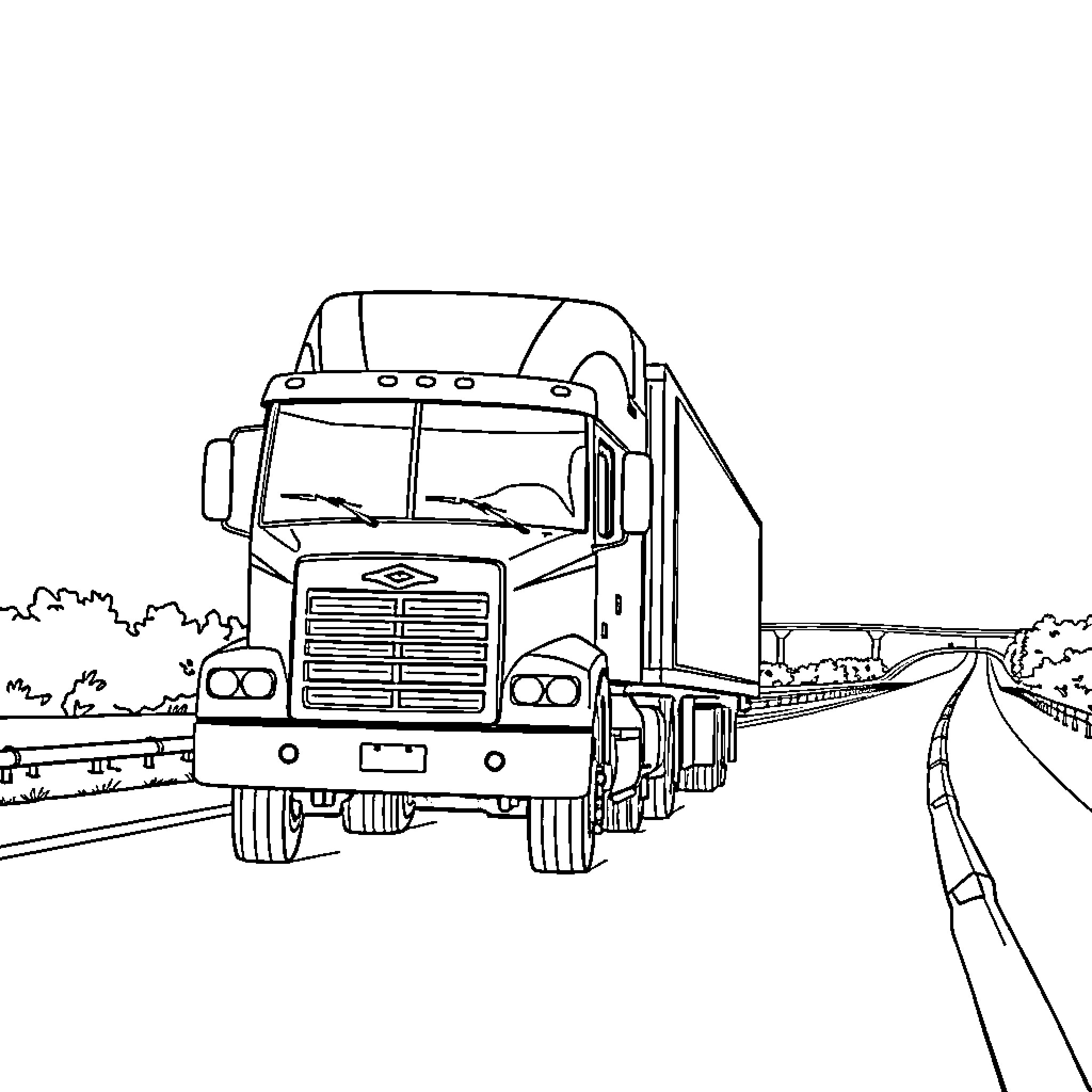 Truck delivering goods on the highway Coloring Page (free black-and-white line drawing printable PDF for all, from beginners to advanced learners, including children, teens, adults, and seniors)