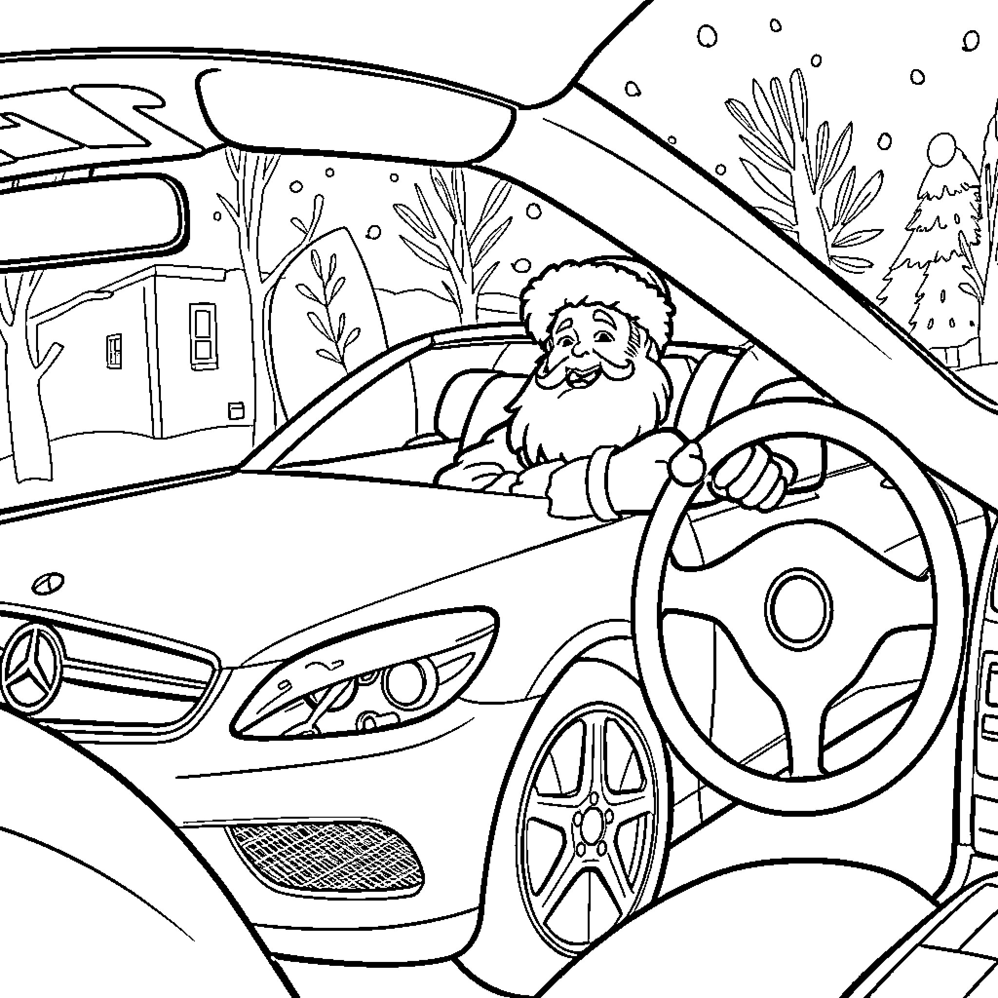 Santa driving a fancy car in the winter wonderland Coloring Page (free black-and-white line drawing printable PDF for all, from beginners to advanced learners, including children, teens, adults, and seniors)
