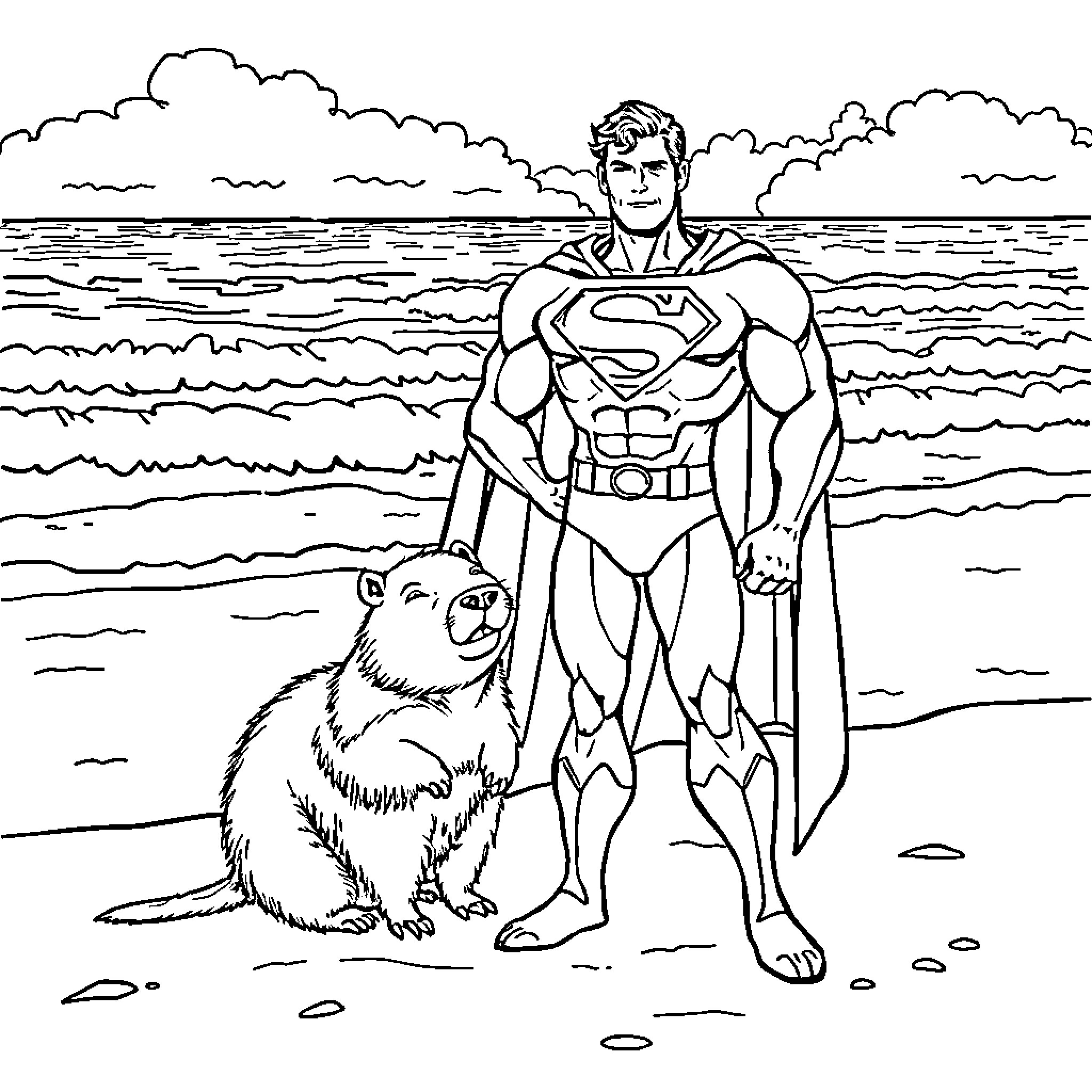 Superman heroically stands on the beach with a bear Coloring Page (free black-and-white line drawing printable PDF for all, from beginners to advanced learners, including children, teens, adults, and seniors)
