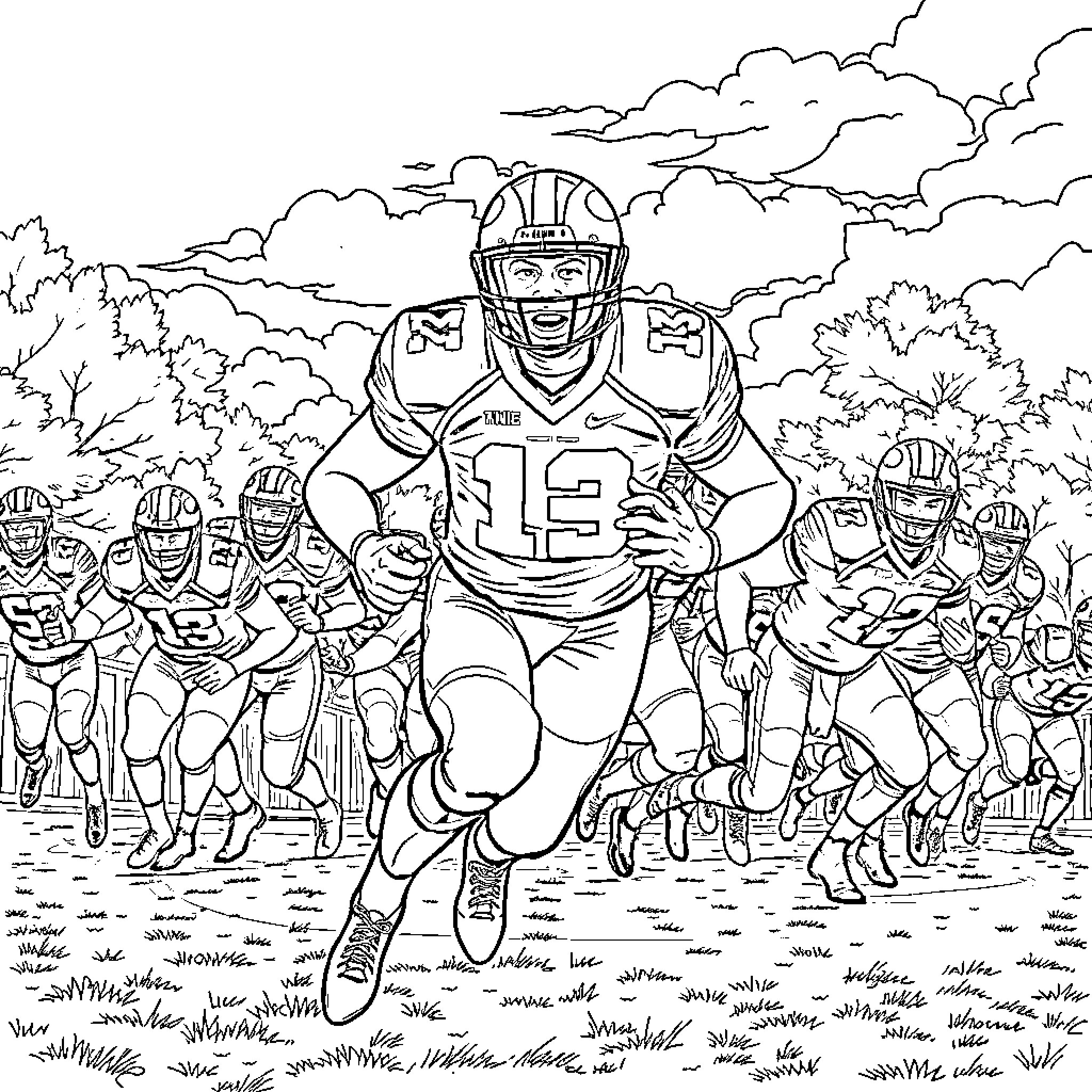 Wolverine Football Player Leading the Team Coloring Page (free black-and-white line drawing printable PDF for all, from beginners to advanced learners, including children, teens, adults, and seniors)