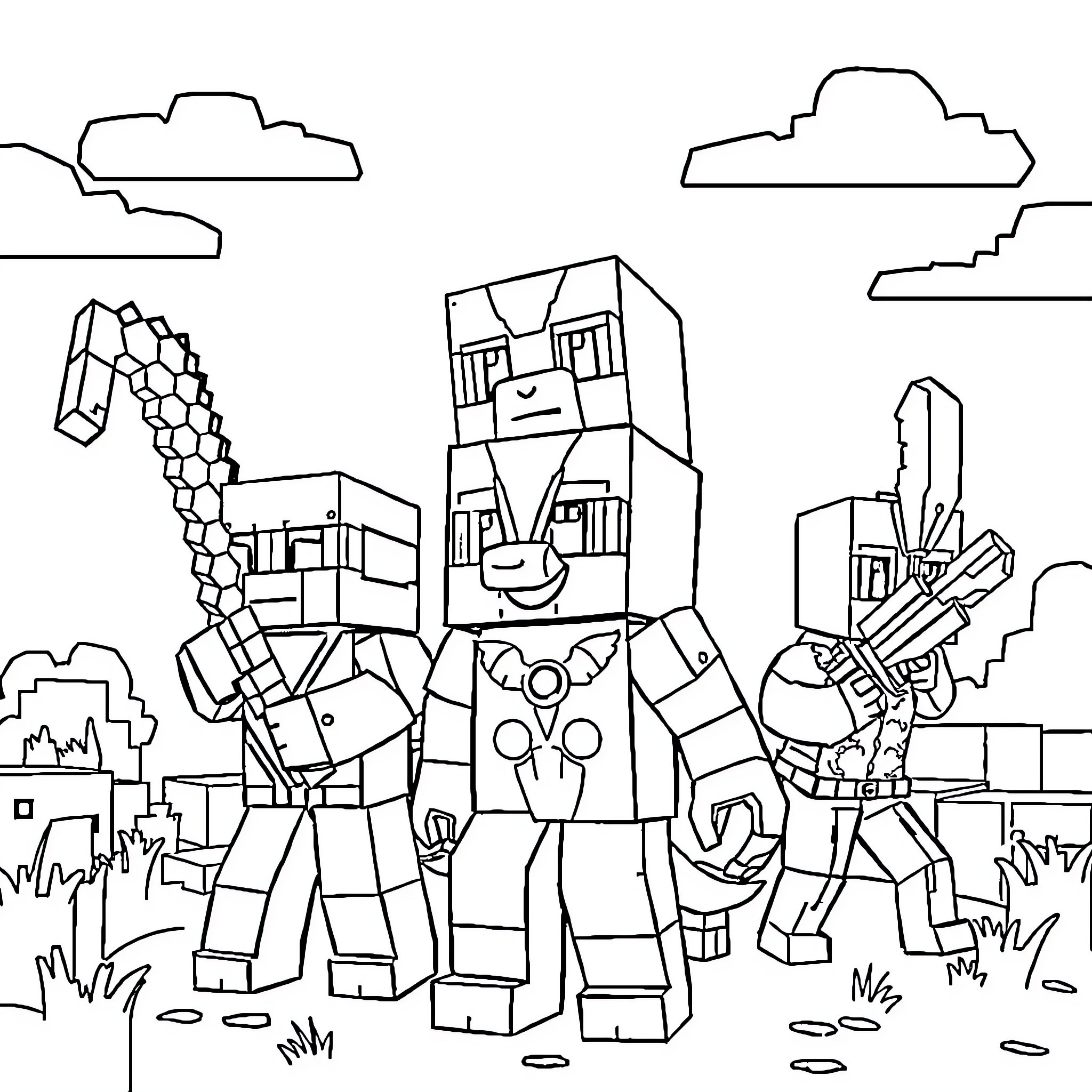 Minecraft characters exploring a blocky landscape Coloring Page (free black-and-white line drawing printable PDF for all, from beginners to advanced learners, including children, teens, adults, and seniors)