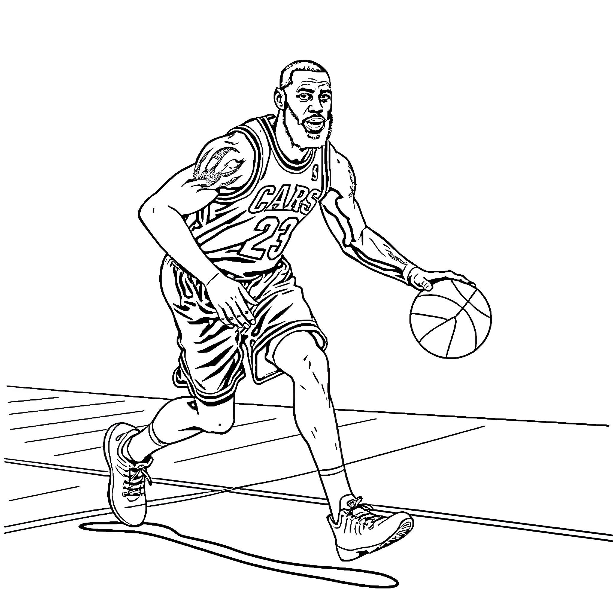 LeBron James playing basketball with ball and court Coloring Page (free black-and-white line drawing printable PDF for all, from beginners to advanced learners, including children, teens, adults, and seniors)