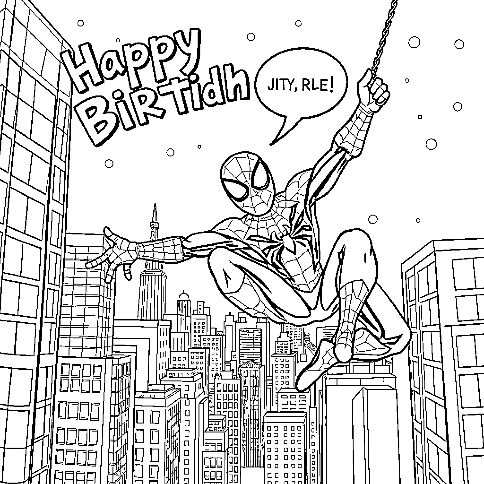 Spider-Man swinging through the city with birthday wishes Coloring Page (free black-and-white line drawing printable PDF for all, from beginners to advanced learners, including children, teens, adults, and seniors)