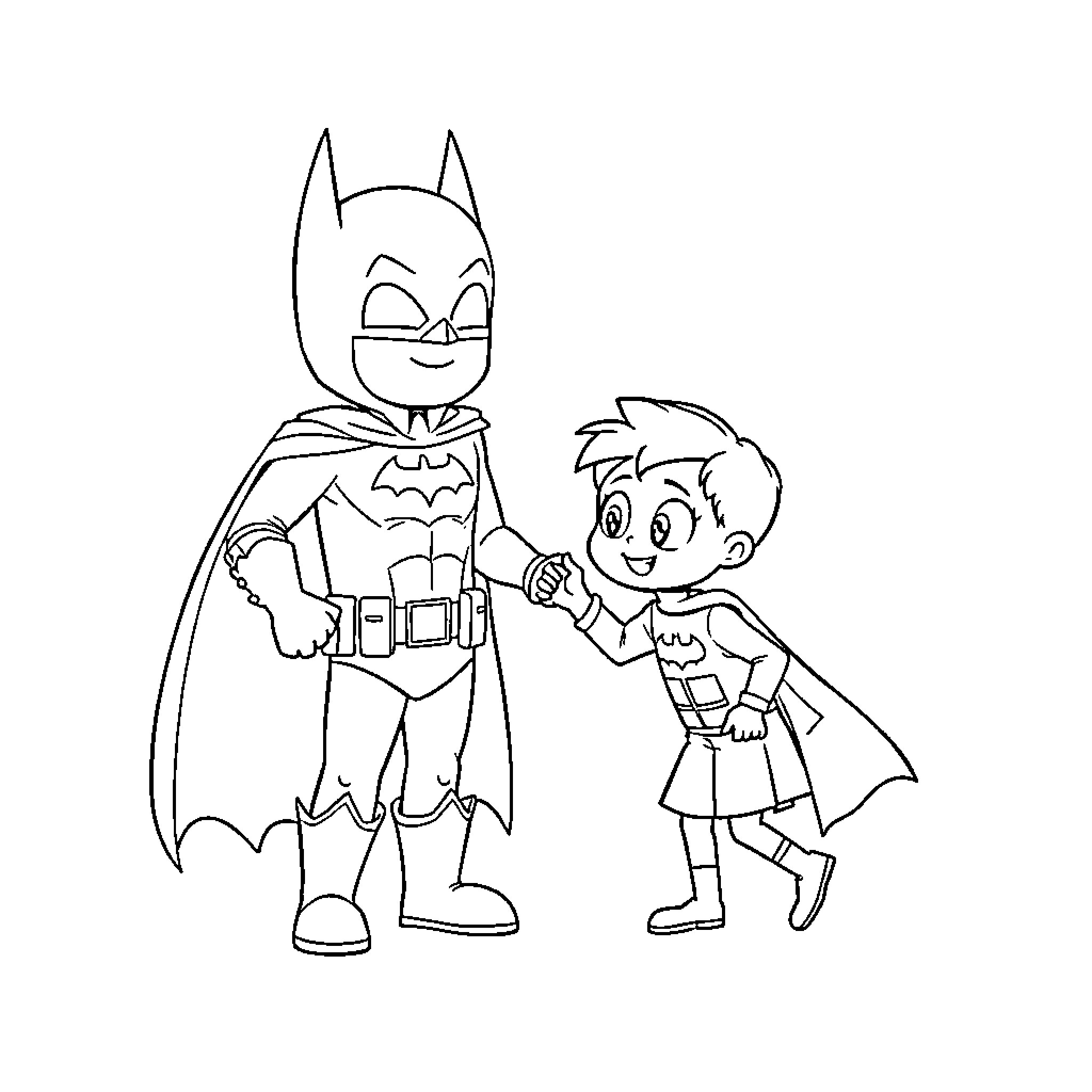 Midget Batman and Robin in Heroic Pose Coloring Page (free black-and-white line drawing printable PDF for all, from beginners to advanced learners, including children, teens, adults, and seniors)