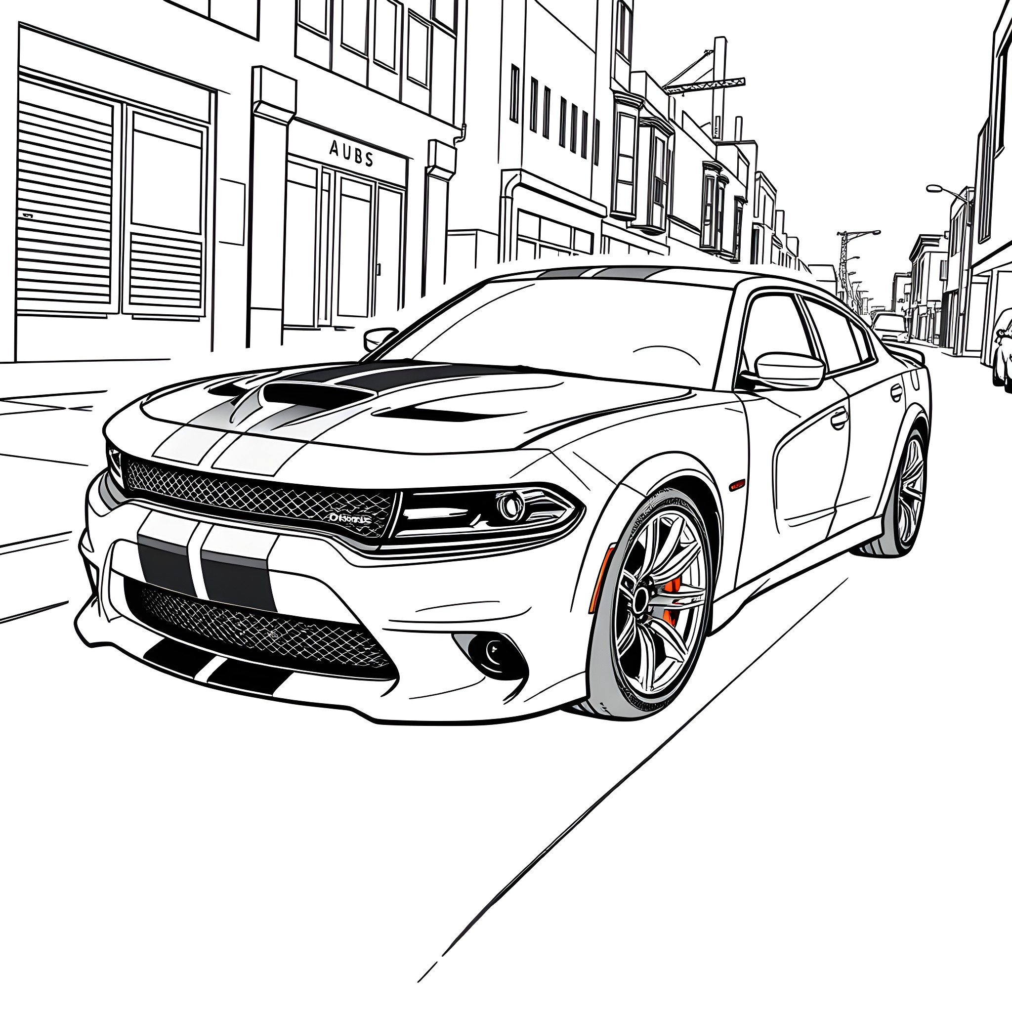 Dodge Charger in dynamic urban street scene Coloring Page (free black-and-white line drawing printable PDF for all, from beginners to advanced learners, including children, teens, adults, and seniors)