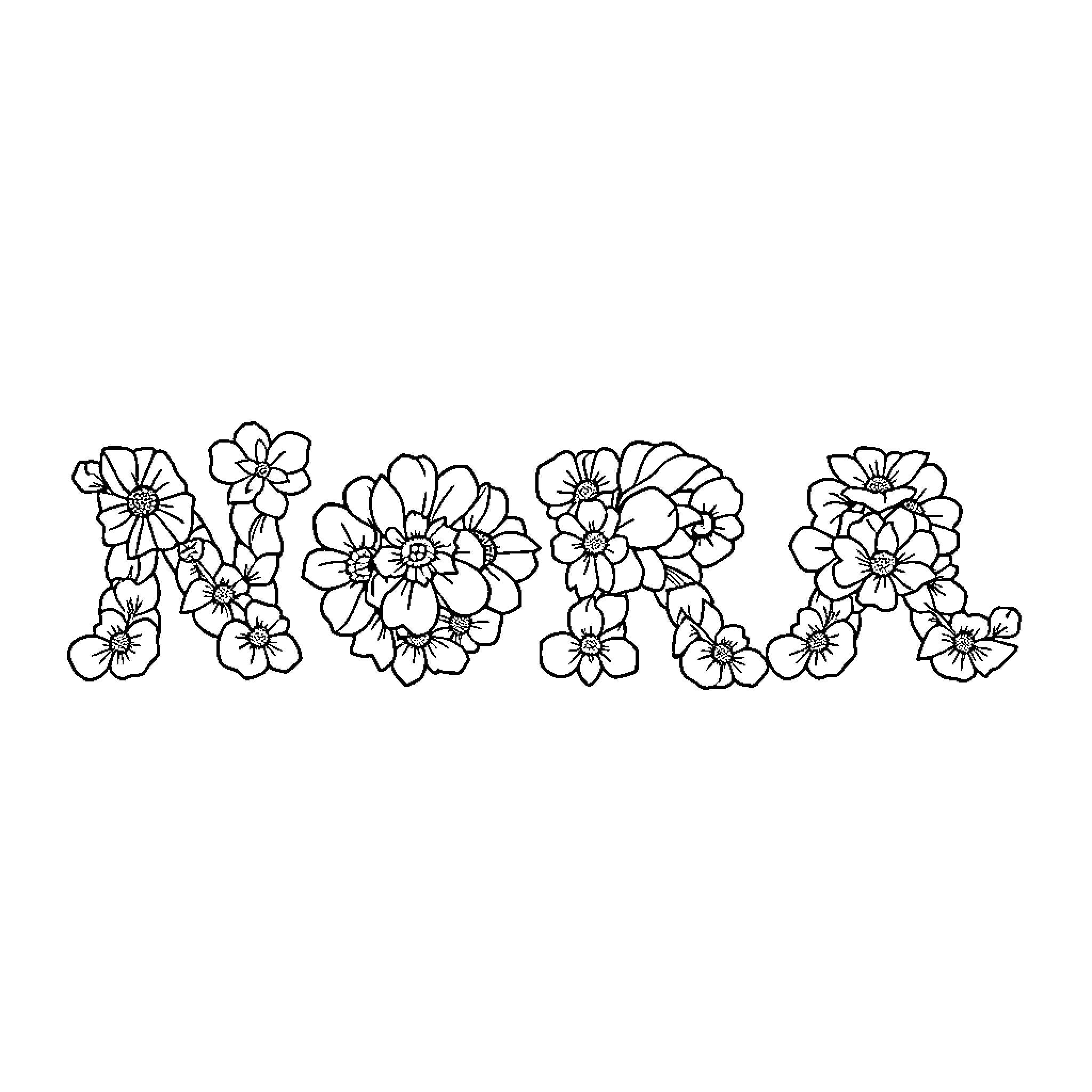 Nora's Floral Name Art Coloring Page (free black-and-white line drawing printable PDF for all, from beginners to advanced learners, including children, teens, adults, and seniors)