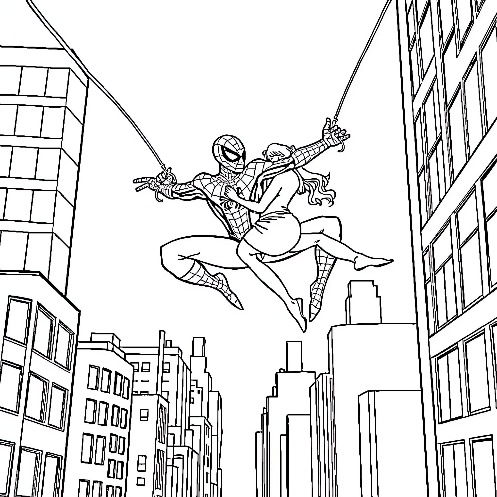Spiderman swinging gracefully through the city skyline Coloring Page (free black-and-white line drawing printable PDF for all, from beginners to advanced learners, including children, teens, adults, and seniors)