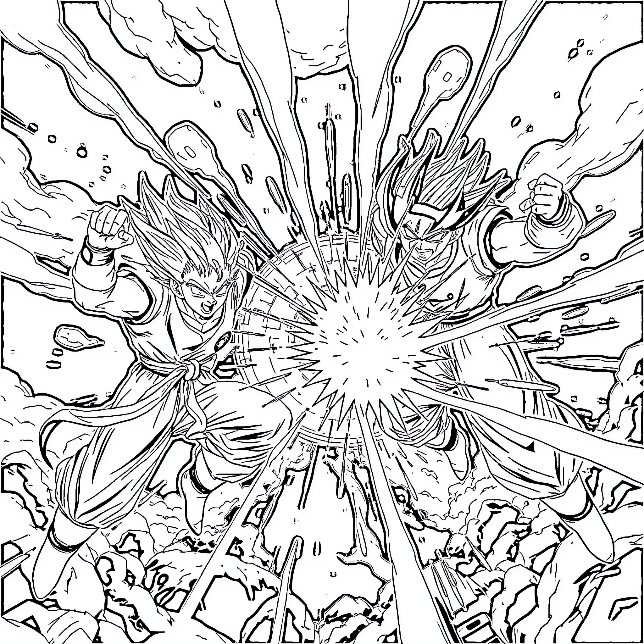 Dragon Ball Z epic battle with energy explosions Coloring Page (free black-and-white line drawing printable PDF for all, from beginners to advanced learners, including children, teens, adults, and seniors)