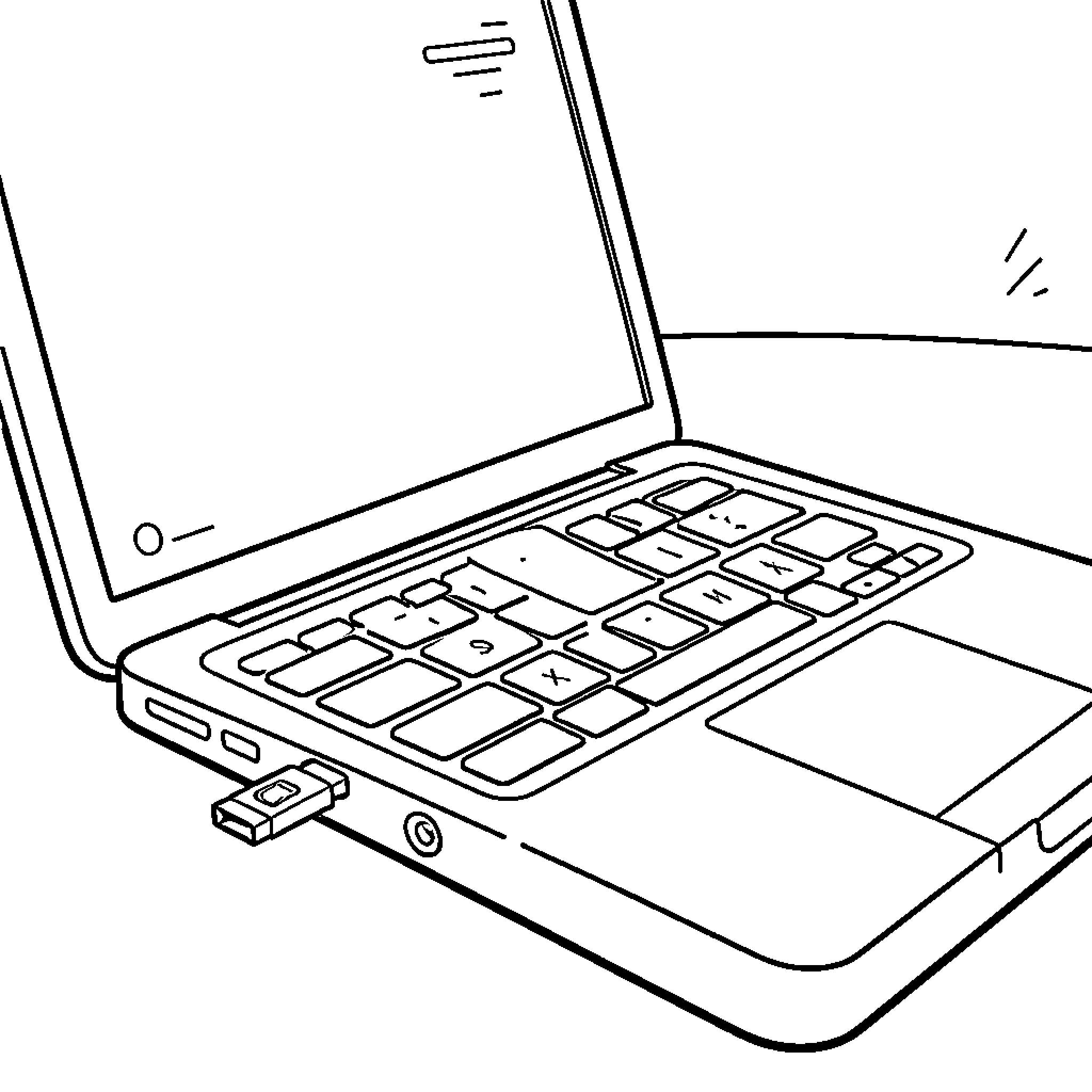 Memory Stick plugged into a laptop computer Coloring Page (free black-and-white line drawing printable PDF for all, from beginners to advanced learners, including children, teens, adults, and seniors)