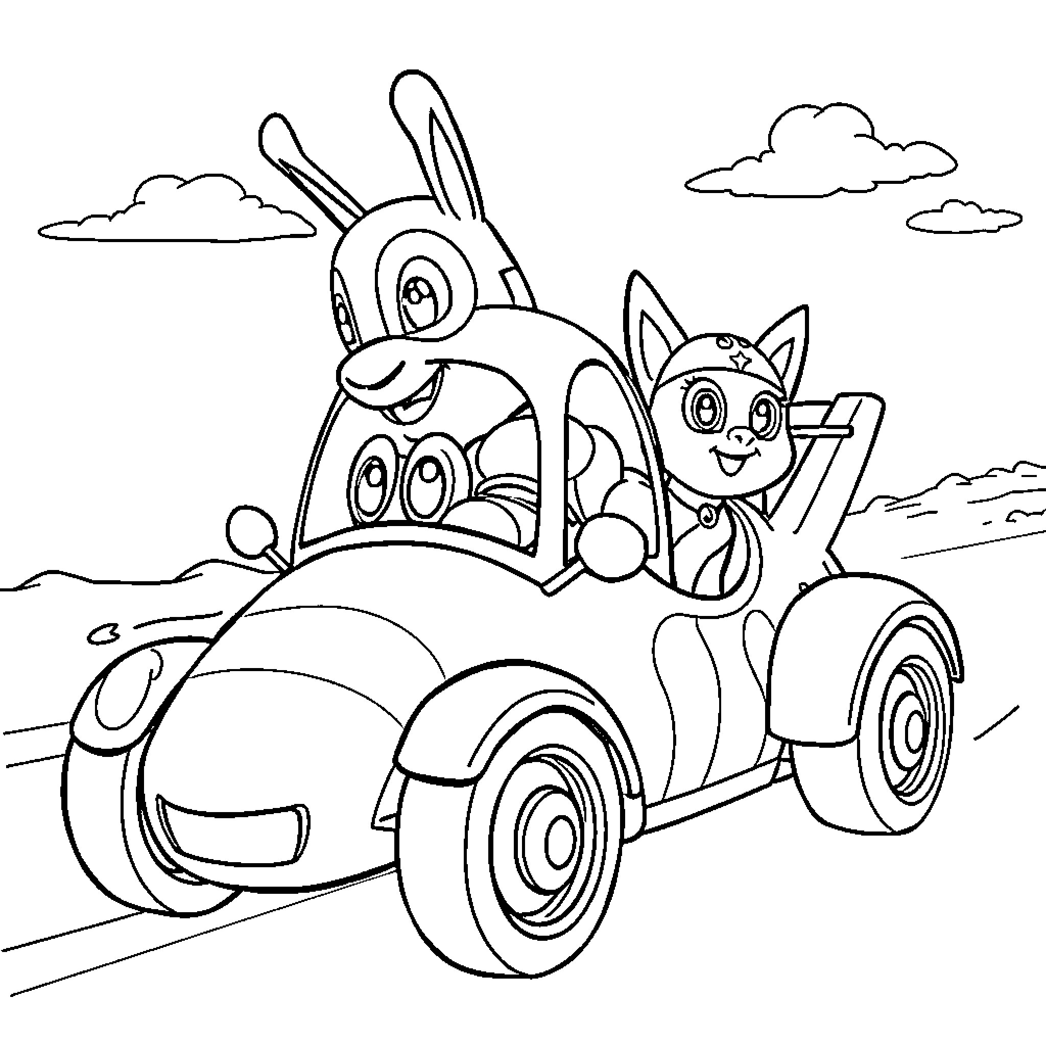 Paw Patrol Puppies Riding in Cartoon Car Coloring Page (free black-and-white line drawing printable PDF for all, from beginners to advanced learners, including children, teens, adults, and seniors)