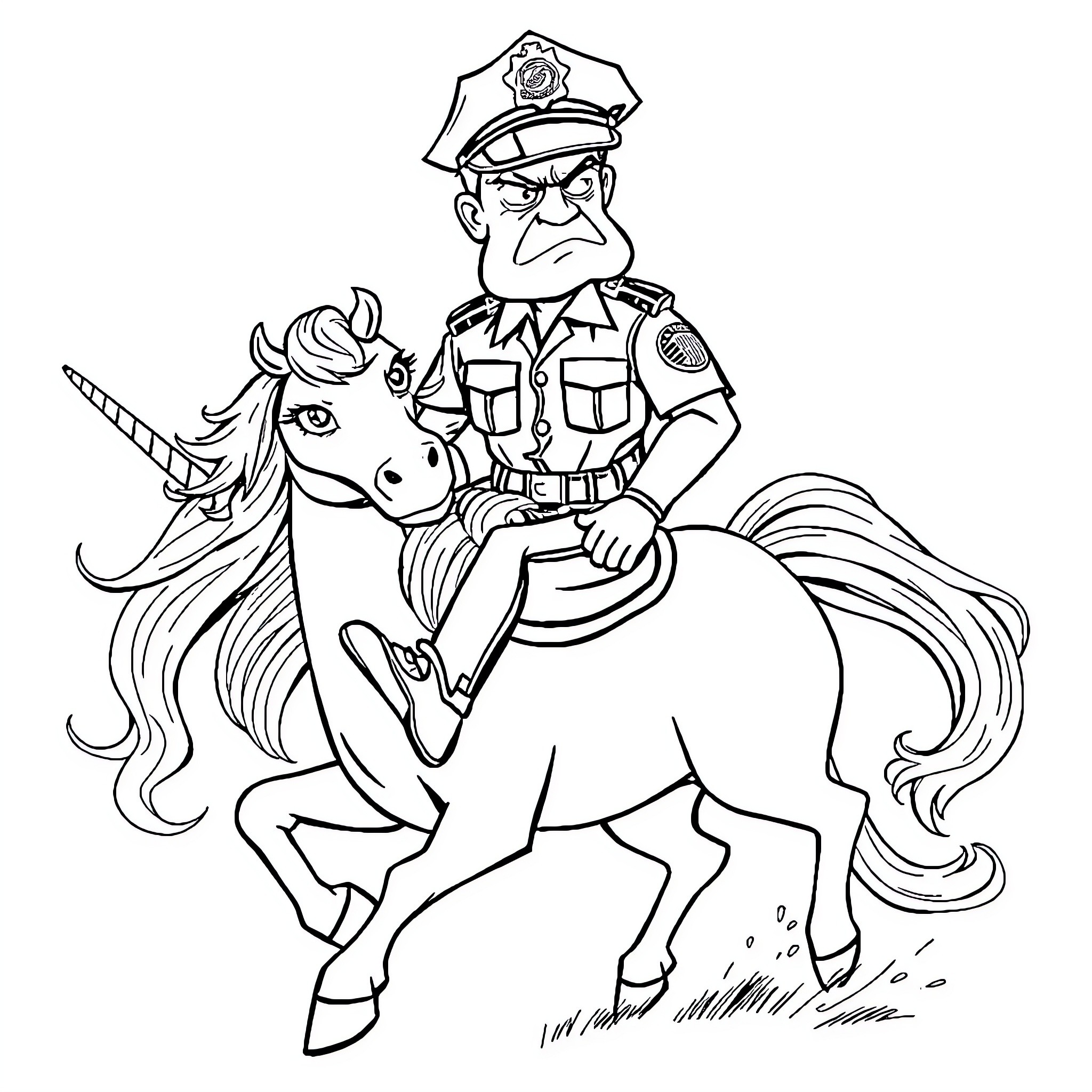 Cop riding a unicorn with a stern expression Coloring Page (free black-and-white line drawing printable PDF for all, from beginners to advanced learners, including children, teens, adults, and seniors)