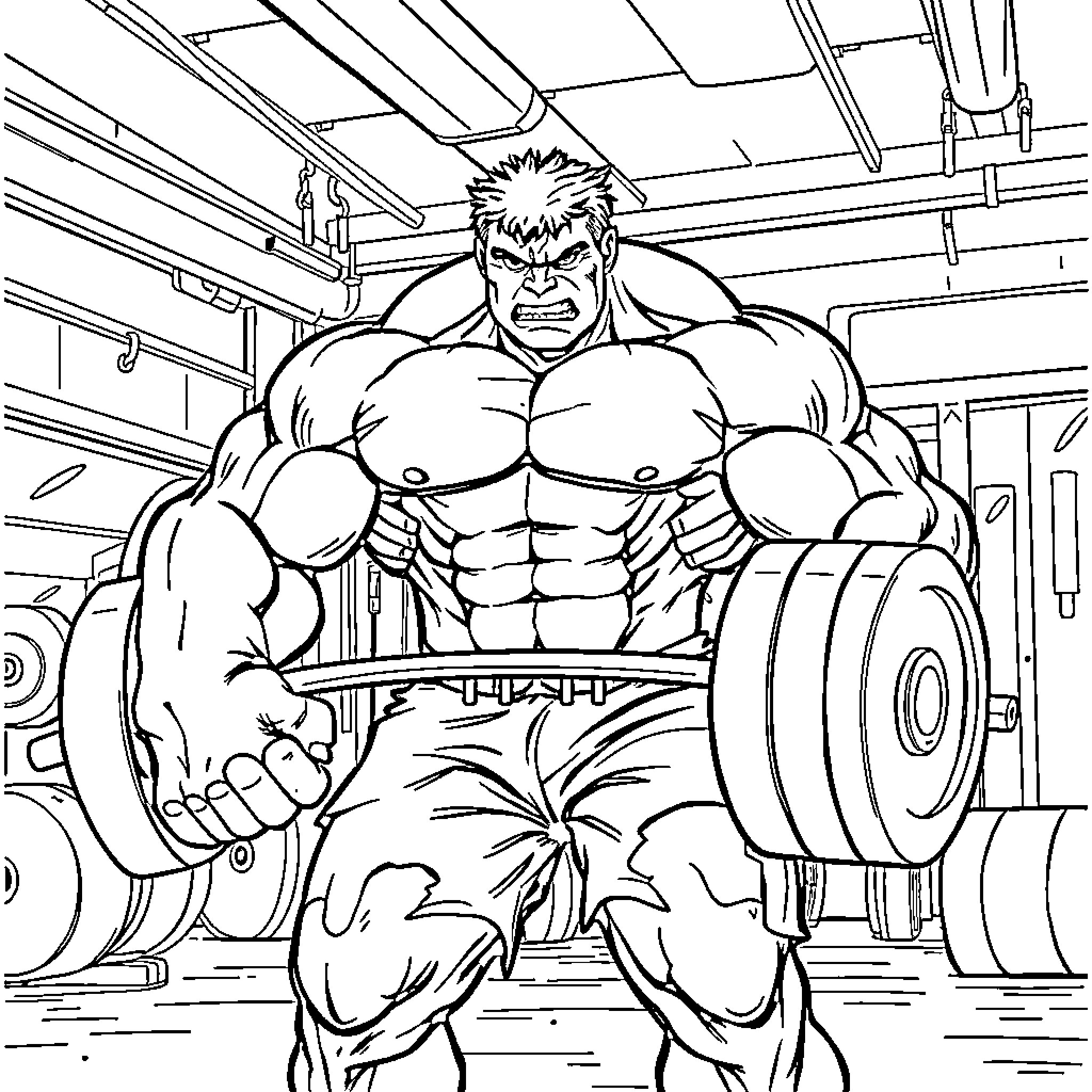 Hulk Lifting Weights in the Gym Coloring Page (free black-and-white line drawing printable PDF for all, from beginners to advanced learners, including children, teens, adults, and seniors)