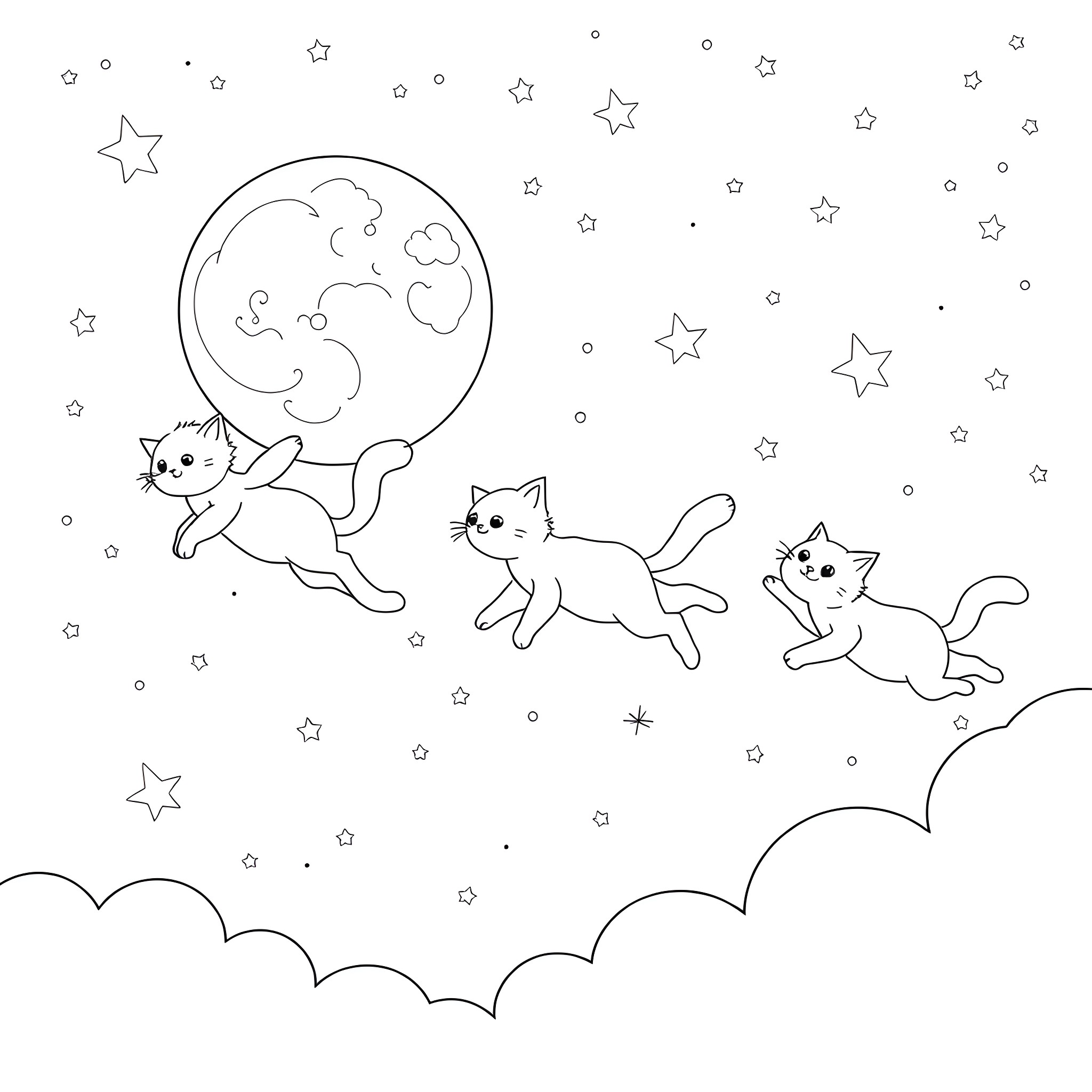 Cats chasing stars in the night sky Coloring Page (free black-and-white line drawing printable PDF for all, from beginners to advanced learners, including children, teens, adults, and seniors)