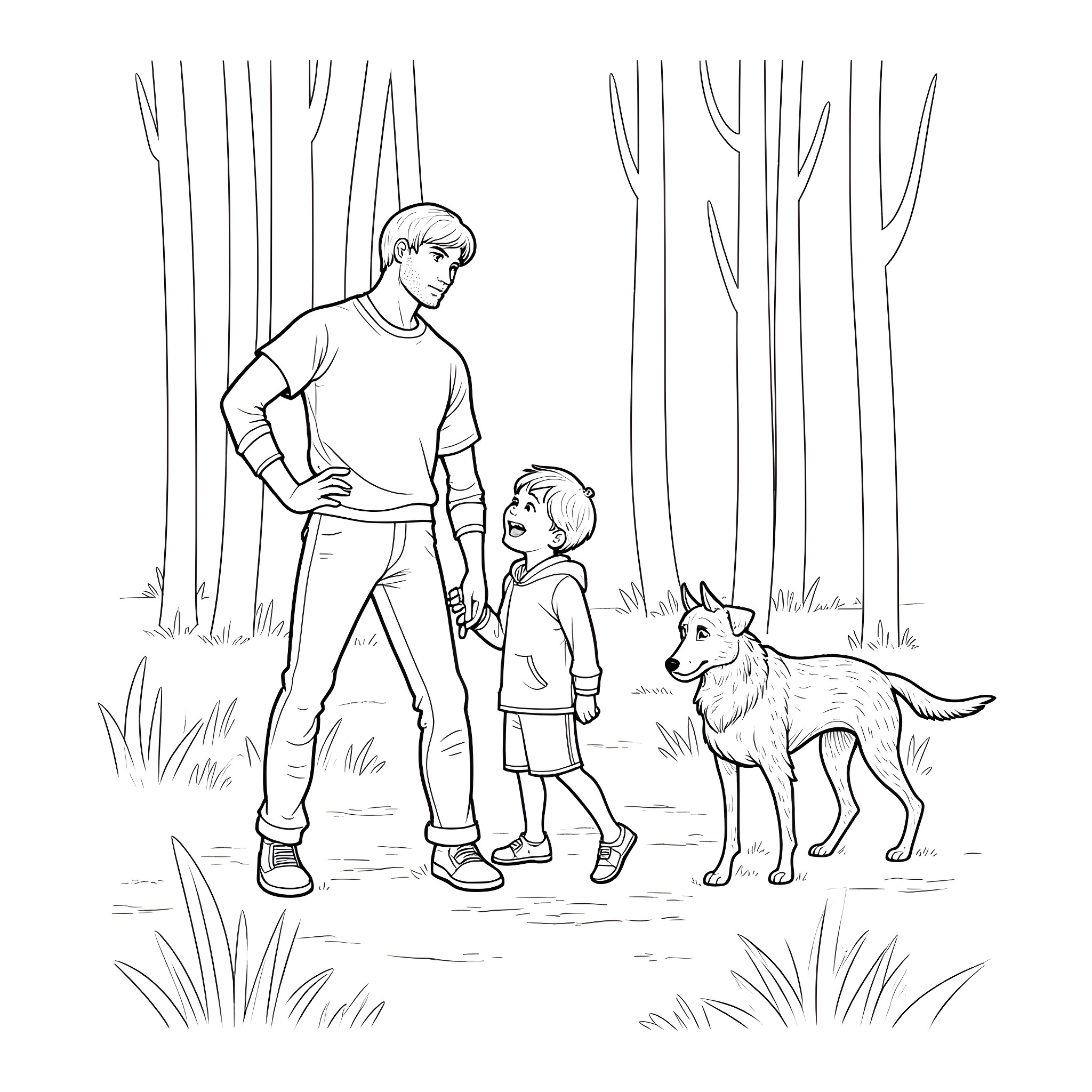 Man and child playing with dog in forest Coloring Page (free black-and-white line drawing printable PDF for all, from beginners to advanced learners, including children, teens, adults, and seniors)