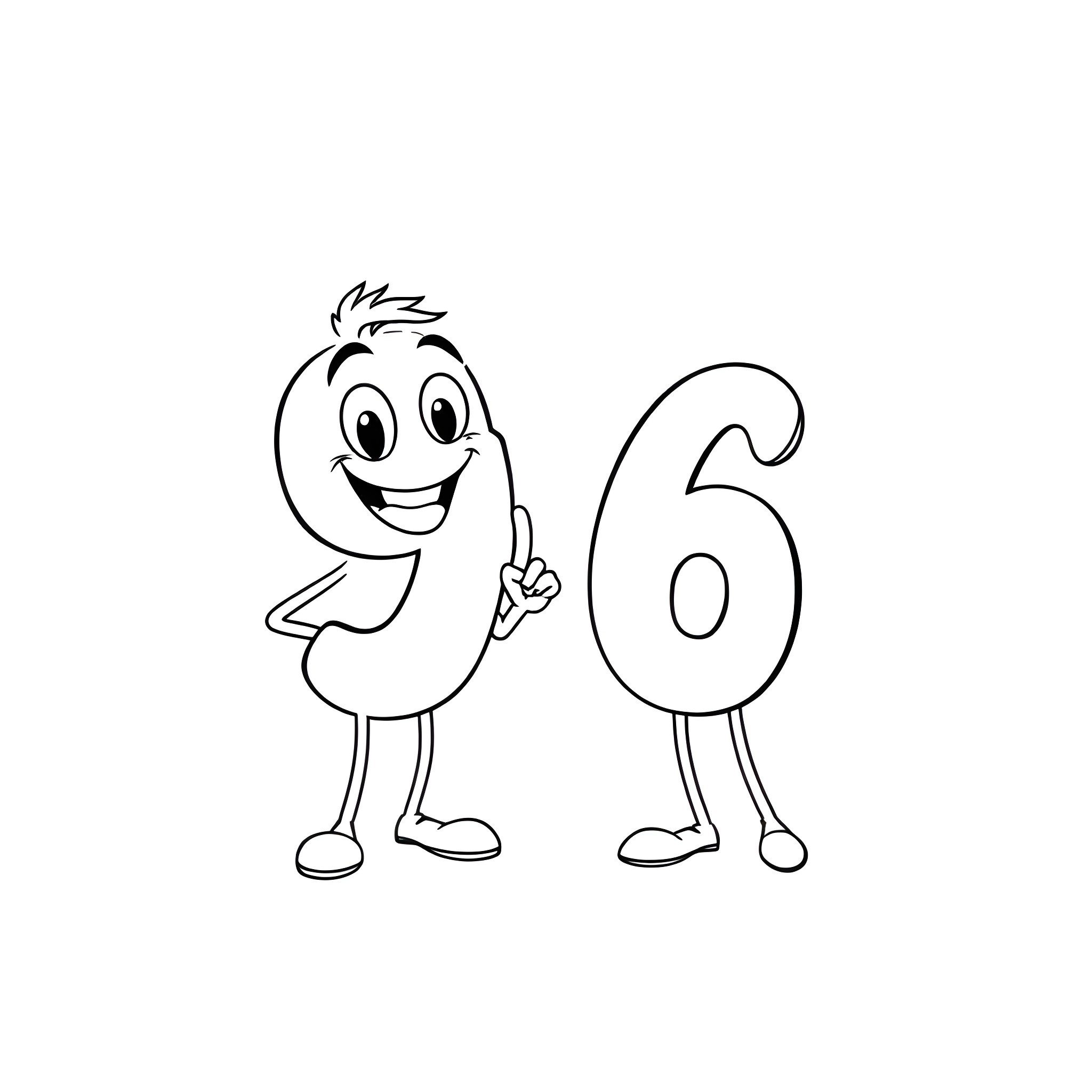 Number Characters holding up 6 Coloring Page (free black-and-white line drawing printable PDF for all, from beginners to advanced learners, including children, teens, adults, and seniors)