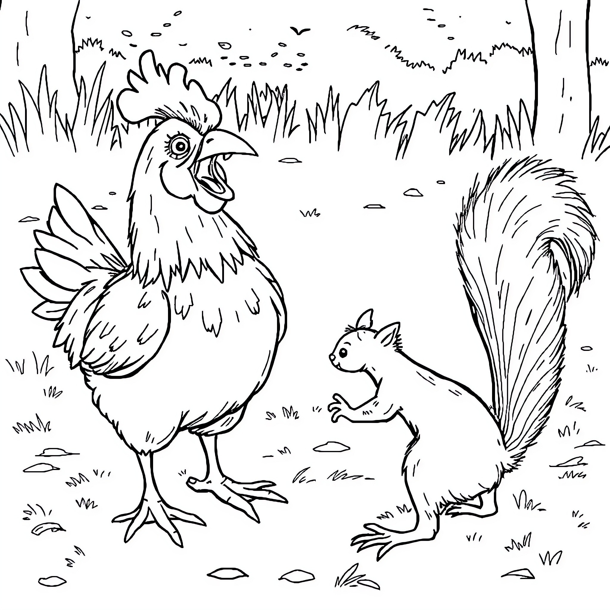 Chicken and Squirrel in Outdoor Setting Coloring Page (free black-and-white line drawing printable PDF for all, from beginners to advanced learners, including children, teens, adults, and seniors)