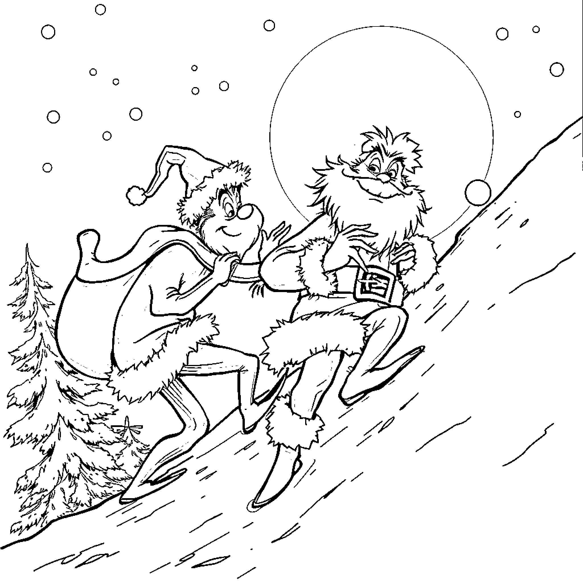 Grinch and dog sledding through snowy landscape Coloring Page (free black-and-white line drawing printable PDF for all, from beginners to advanced learners, including children, teens, adults, and seniors)