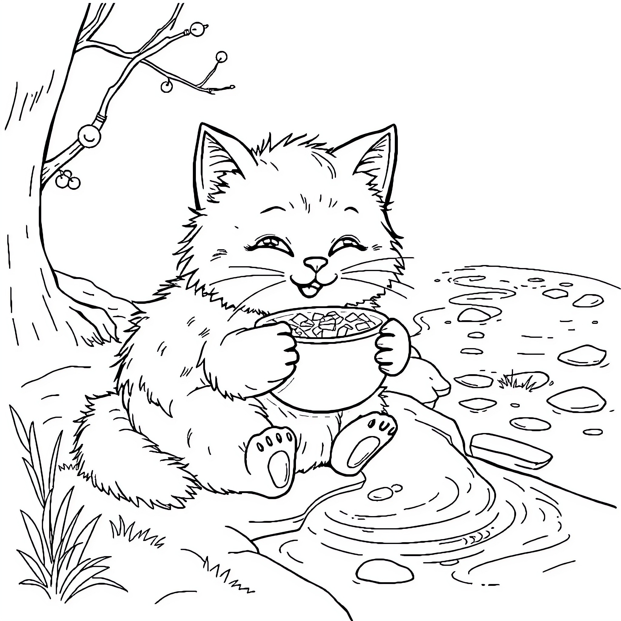 Cat enjoying a snack by the stream Coloring Page (free black-and-white line drawing printable PDF for all, from beginners to advanced learners, including children, teens, adults, and seniors)
