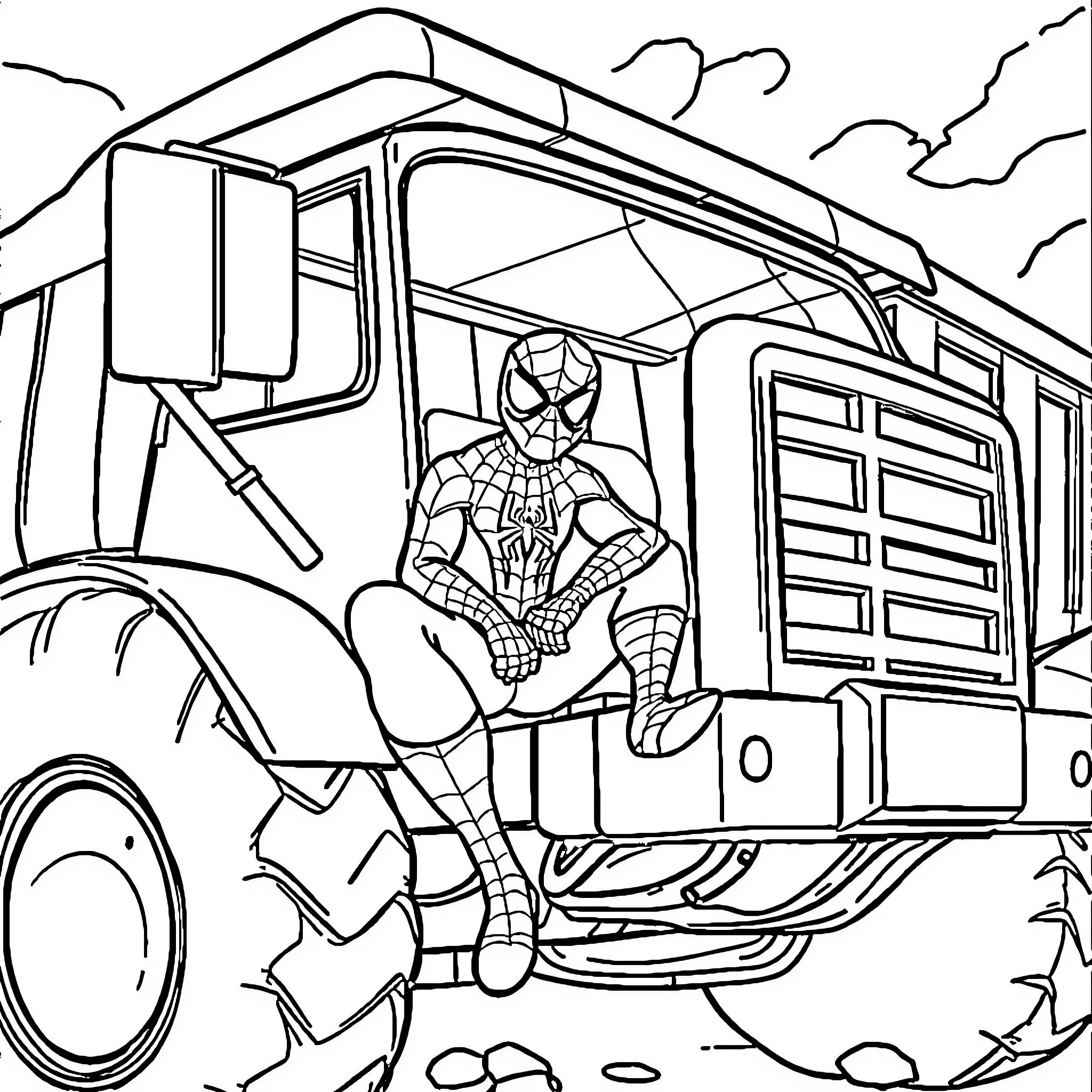Spiderman climbing on the side of a large vehicle Coloring Page (free black-and-white line drawing printable PDF for all, from beginners to advanced learners, including children, teens, adults, and seniors)