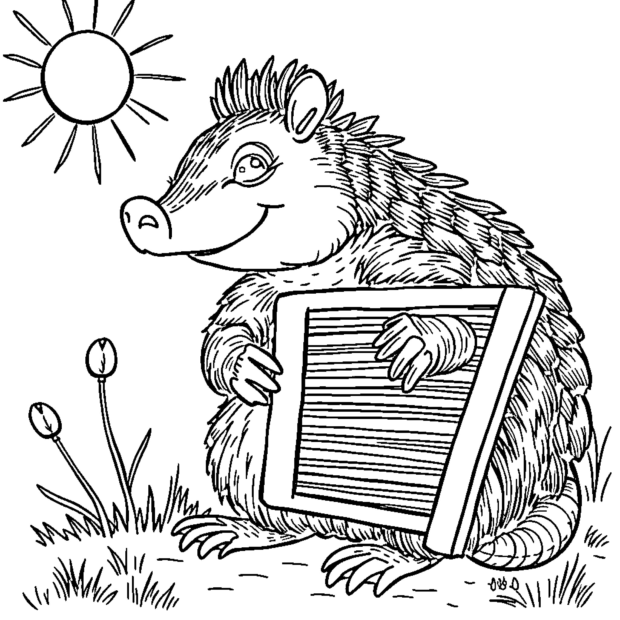 Armadillo reading book in the sun Coloring Page (free black-and-white line drawing printable PDF for all, from beginners to advanced learners, including children, teens, adults, and seniors)