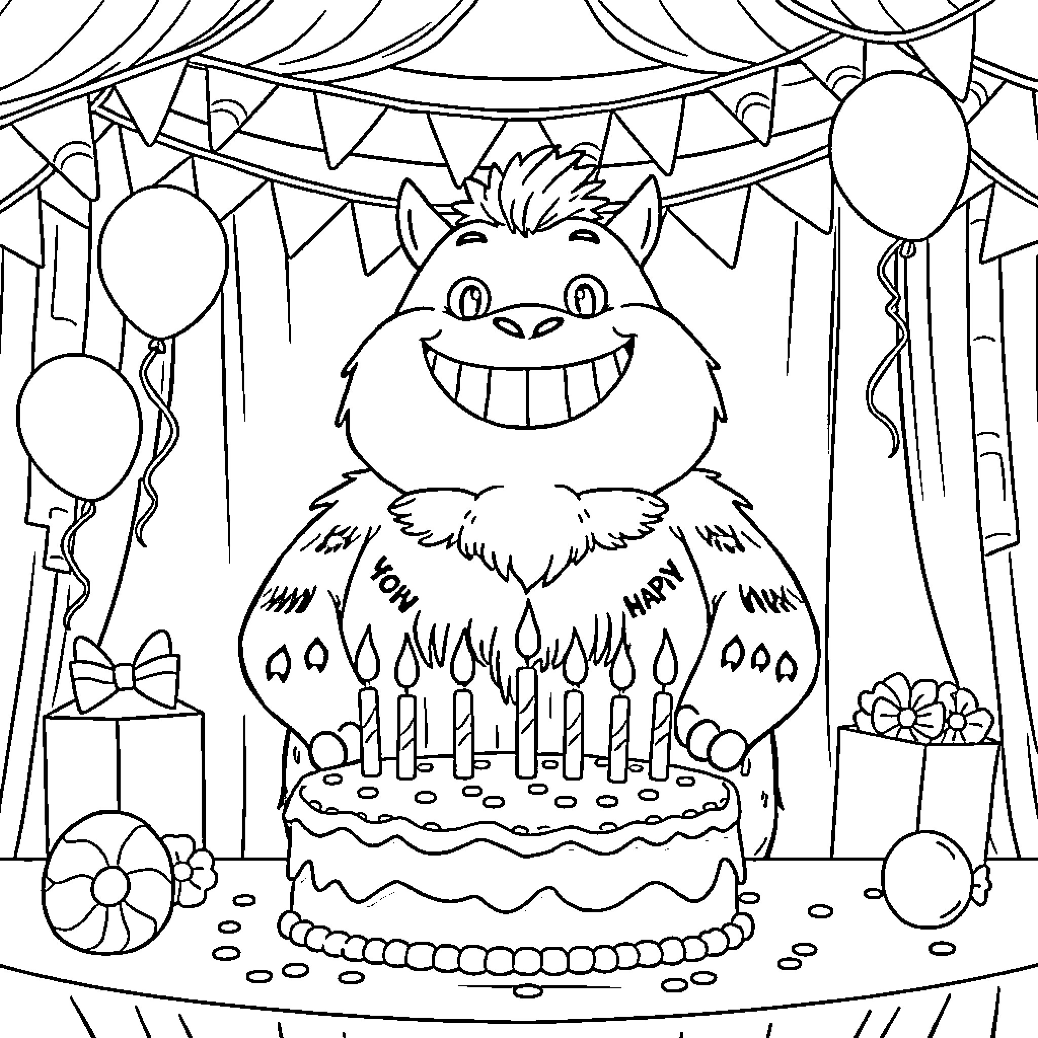 Urshifu celebrating a birthday with a cake and balloons Coloring Page (free black-and-white line drawing printable PDF for all, from beginners to advanced learners, including children, teens, adults, and seniors)