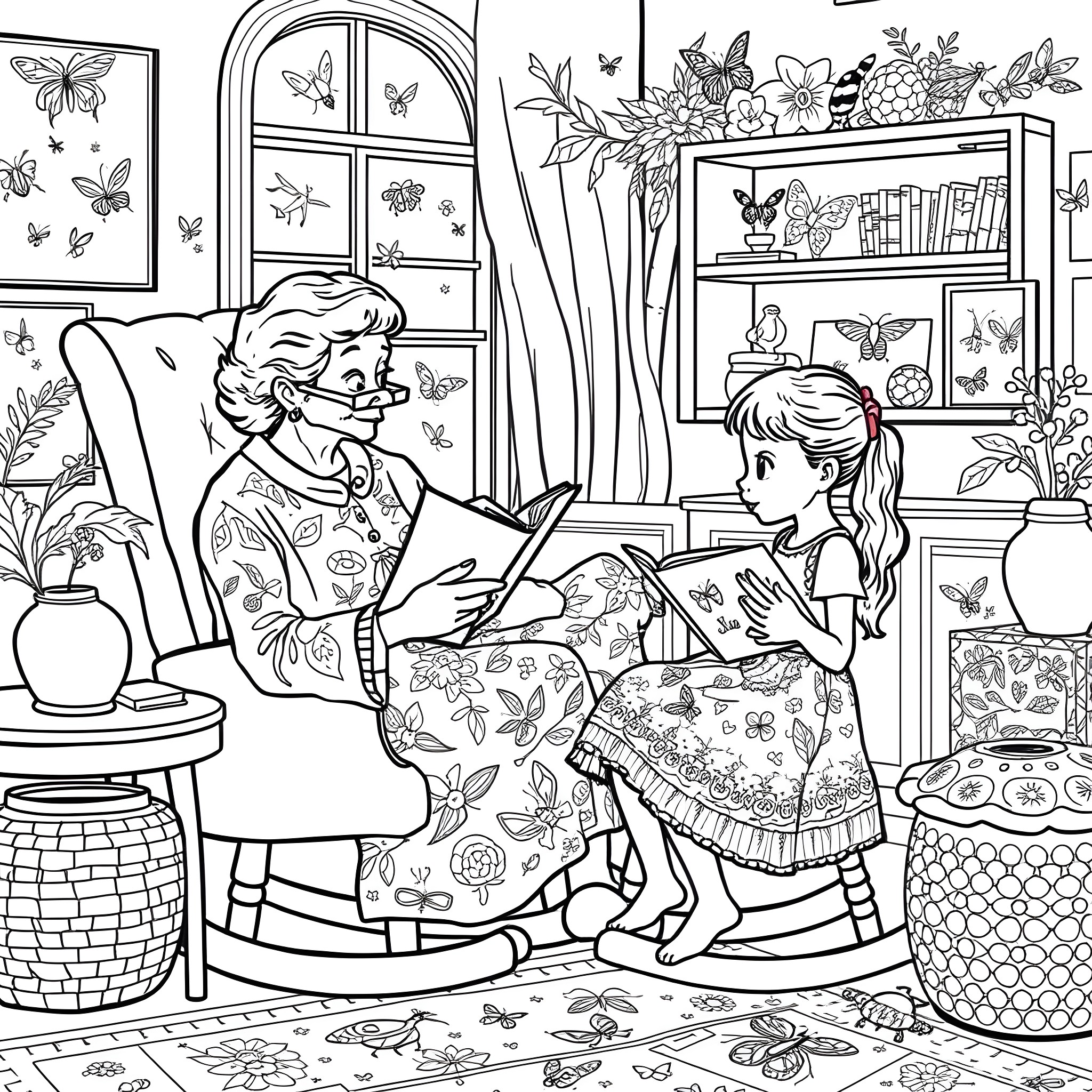 Grandmother Sharing a Book with Grandchild in a Cozy Home Coloring Page (free black-and-white line drawing printable PDF for all, from beginners to advanced learners, including children, teens, adults, and seniors)