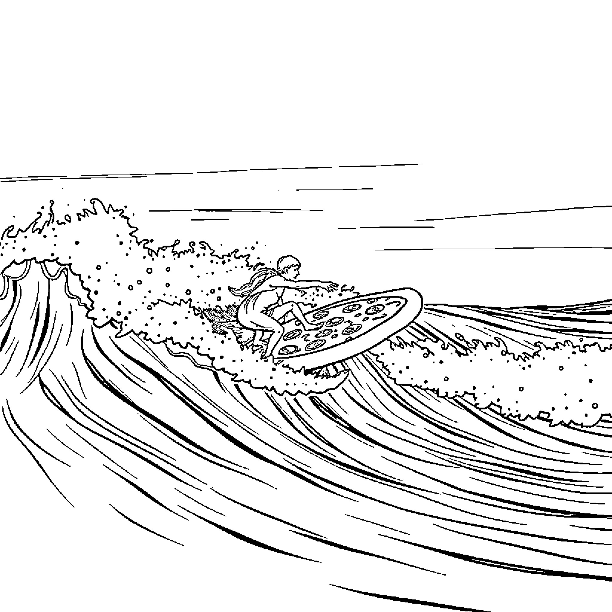 Pizza Surfer Riding Colossal Wave Coloring Page (free black-and-white line drawing printable PDF for all, from beginners to advanced learners, including children, teens, adults, and seniors)
