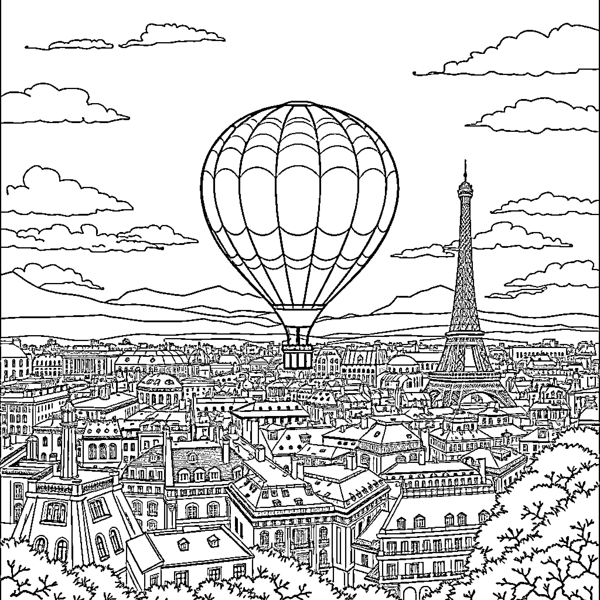 Hot Air Balloon Soaring Over Paris Cityscape Coloring Page (free black-and-white line drawing printable PDF for all, from beginners to advanced learners, including children, teens, adults, and seniors)