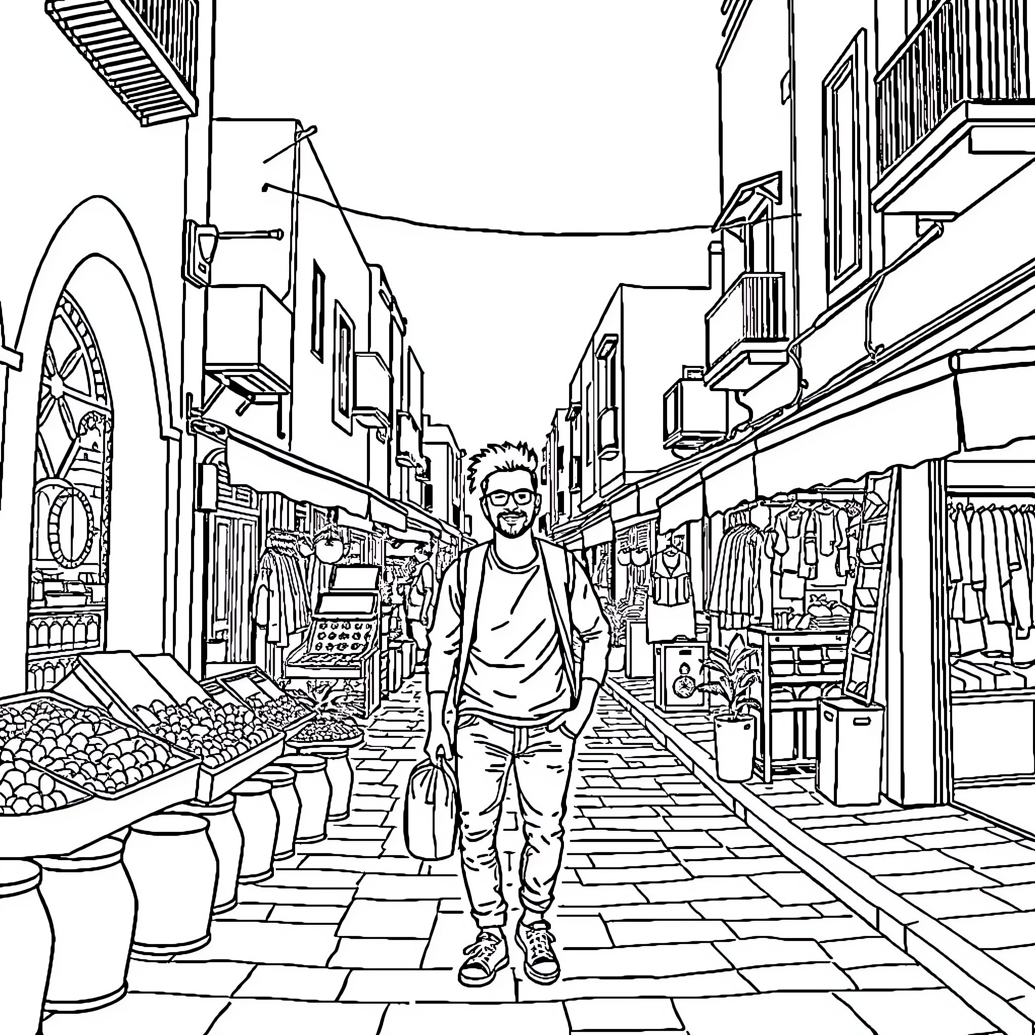 Guy walking through lively urban marketplace Coloring Page (free black-and-white line drawing printable PDF for all, from beginners to advanced learners, including children, teens, adults, and seniors)