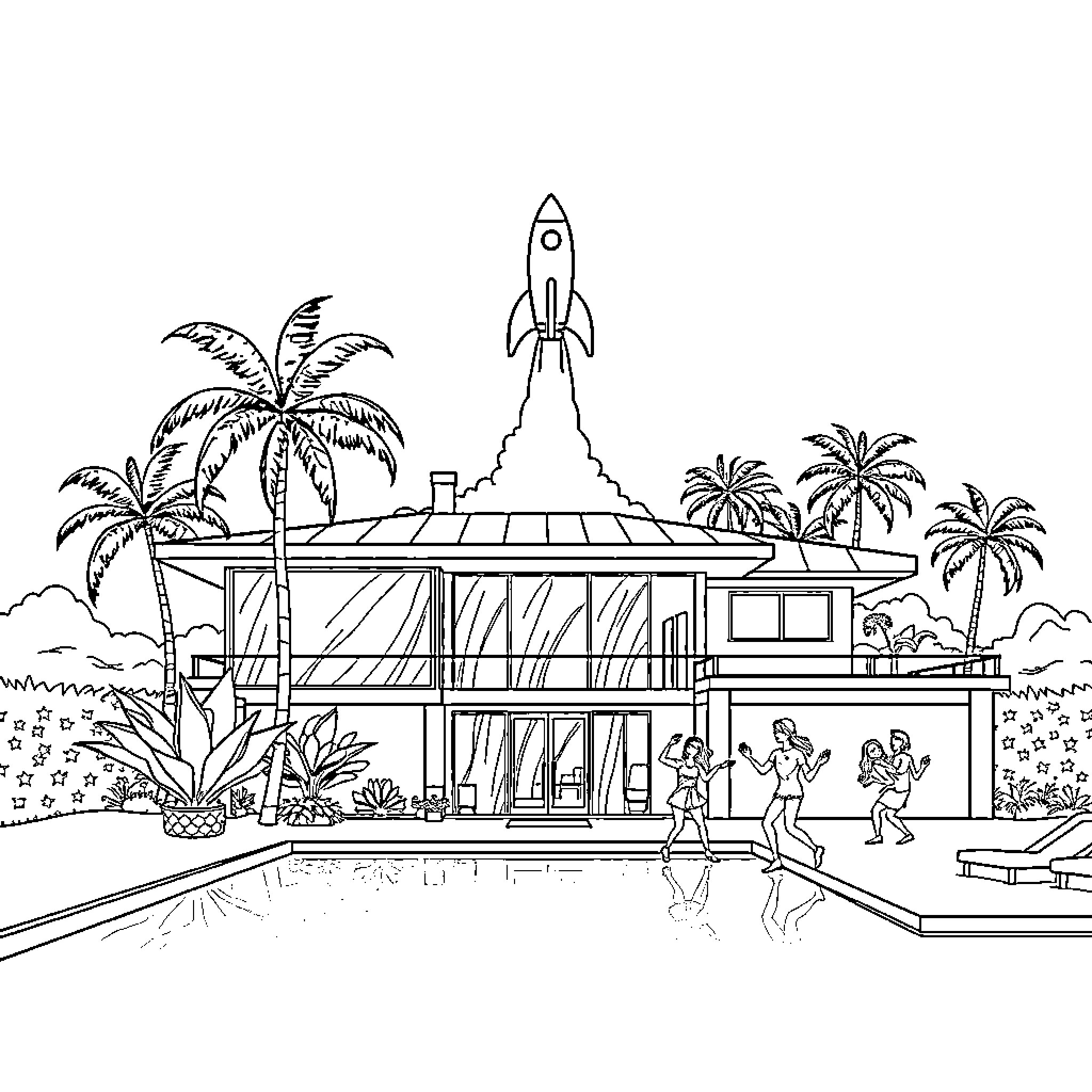 Home with rocket launch amid tropical scenery Coloring Page (free black-and-white line drawing printable PDF for all, from beginners to advanced learners, including children, teens, adults, and seniors)
