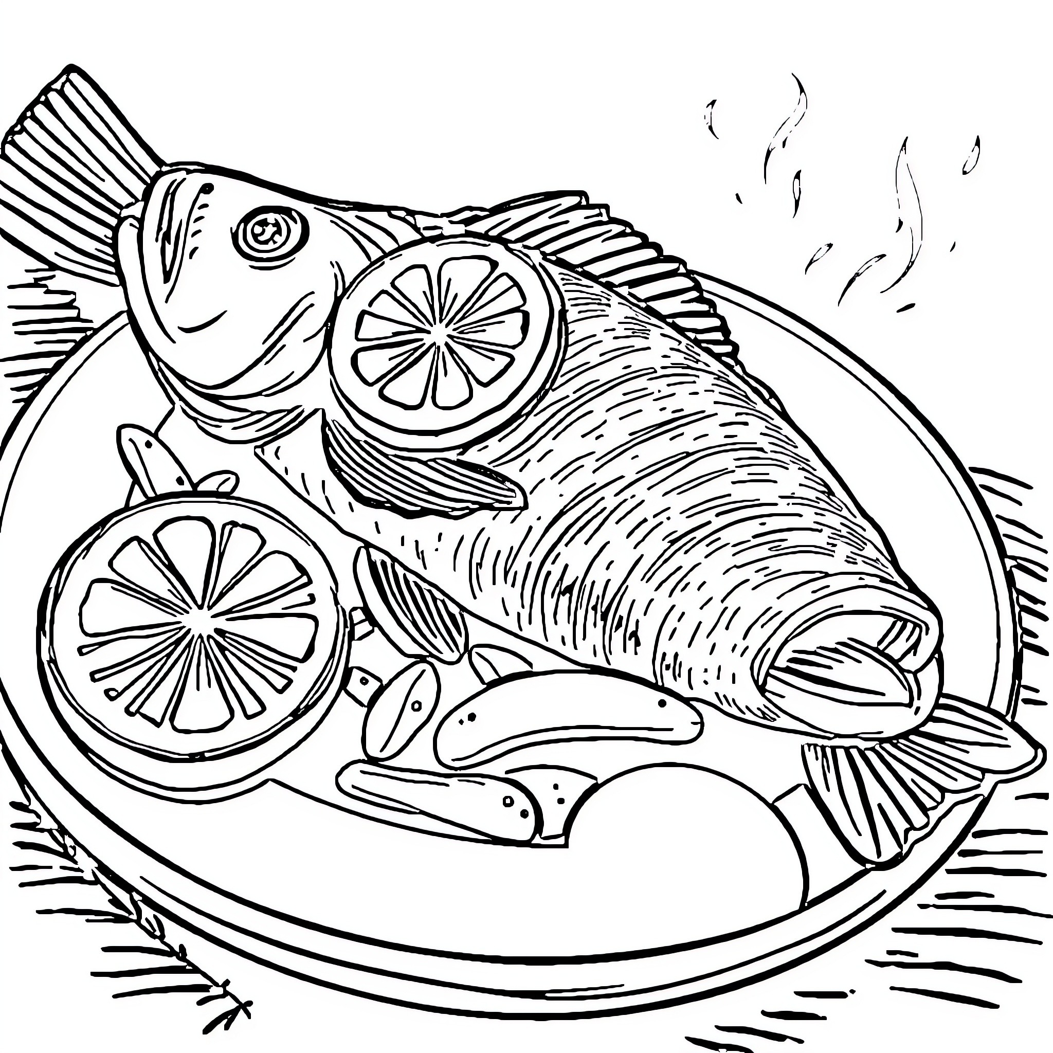 Fish on a Plate with Lemon Slices Coloring Page (free black-and-white line drawing printable PDF for all, from beginners to advanced learners, including children, teens, adults, and seniors)