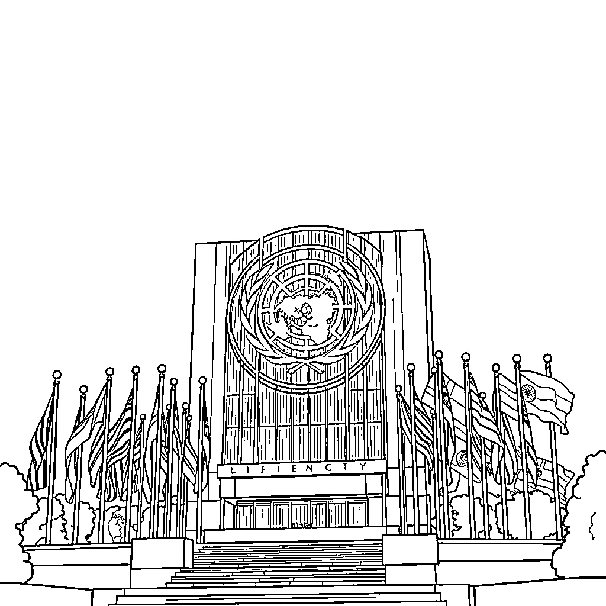 United Nations General Assembly Building Facade Coloring Page (free black-and-white line drawing printable PDF for all, from beginners to advanced learners, including children, teens, adults, and seniors)