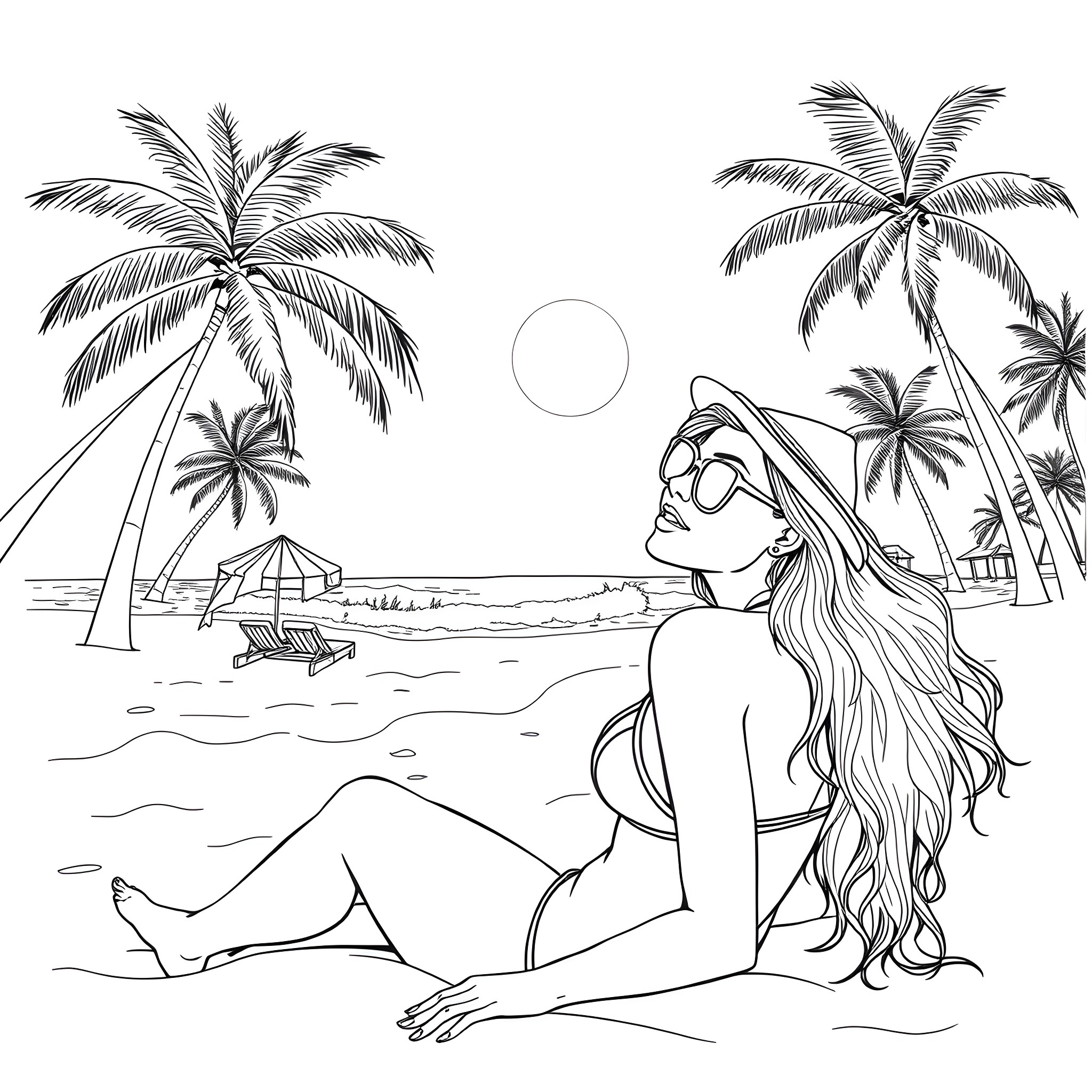 Woman relaxing on tropical beach Coloring Page (free black-and-white line drawing printable PDF for all, from beginners to advanced learners, including children, teens, adults, and seniors)