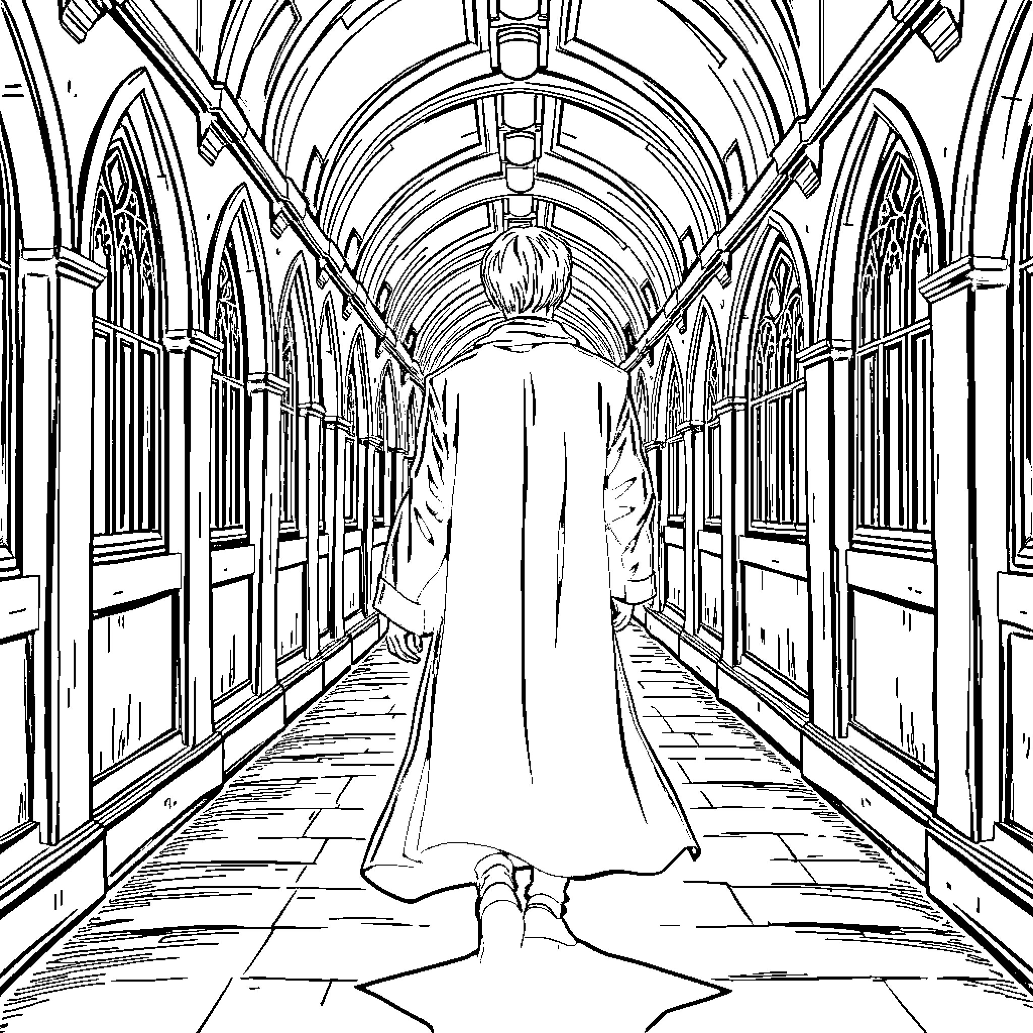 Draco Malfoy walking alone in a grand, mysterious hallway Coloring Page (free black-and-white line drawing printable PDF for all, from beginners to advanced learners, including children, teens, adults, and seniors)