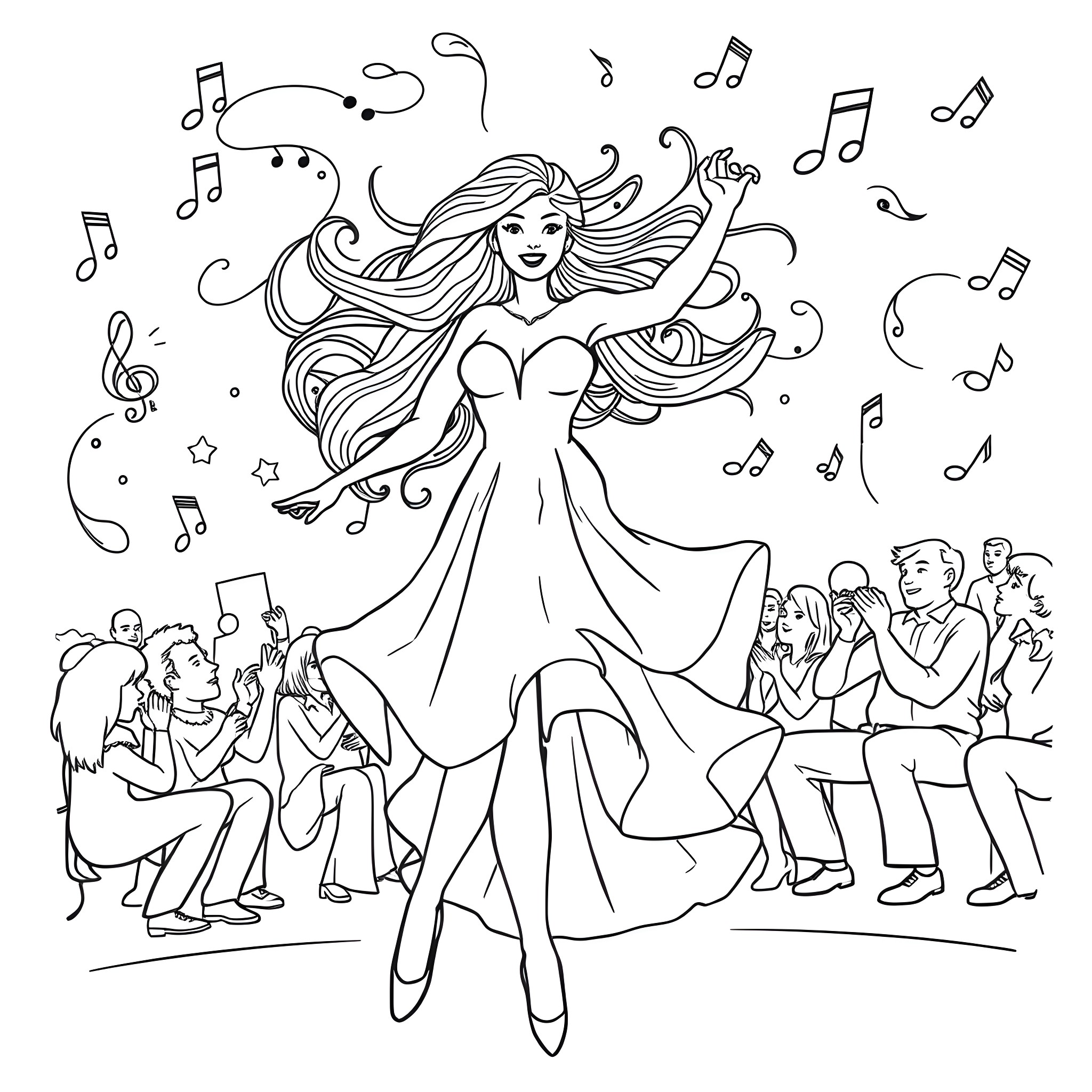 Nicolette Shea's Enchanting Musical Performance Coloring Page (free black-and-white line drawing printable PDF for all, from beginners to advanced learners, including children, teens, adults, and seniors)