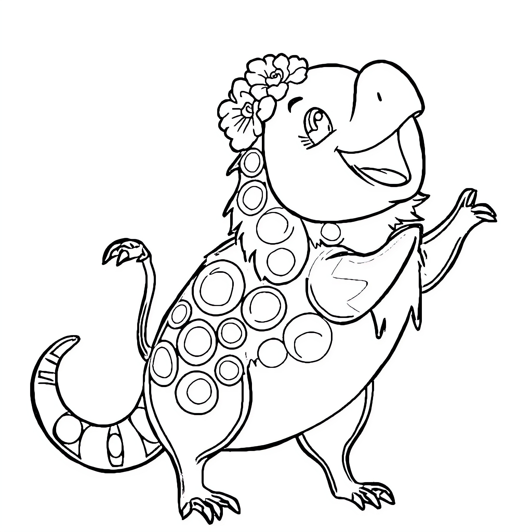 Child Dinosaur Wearing Flower Crown Coloring Page (free black-and-white line drawing printable PDF for all, from beginners to advanced learners, including children, teens, adults, and seniors)