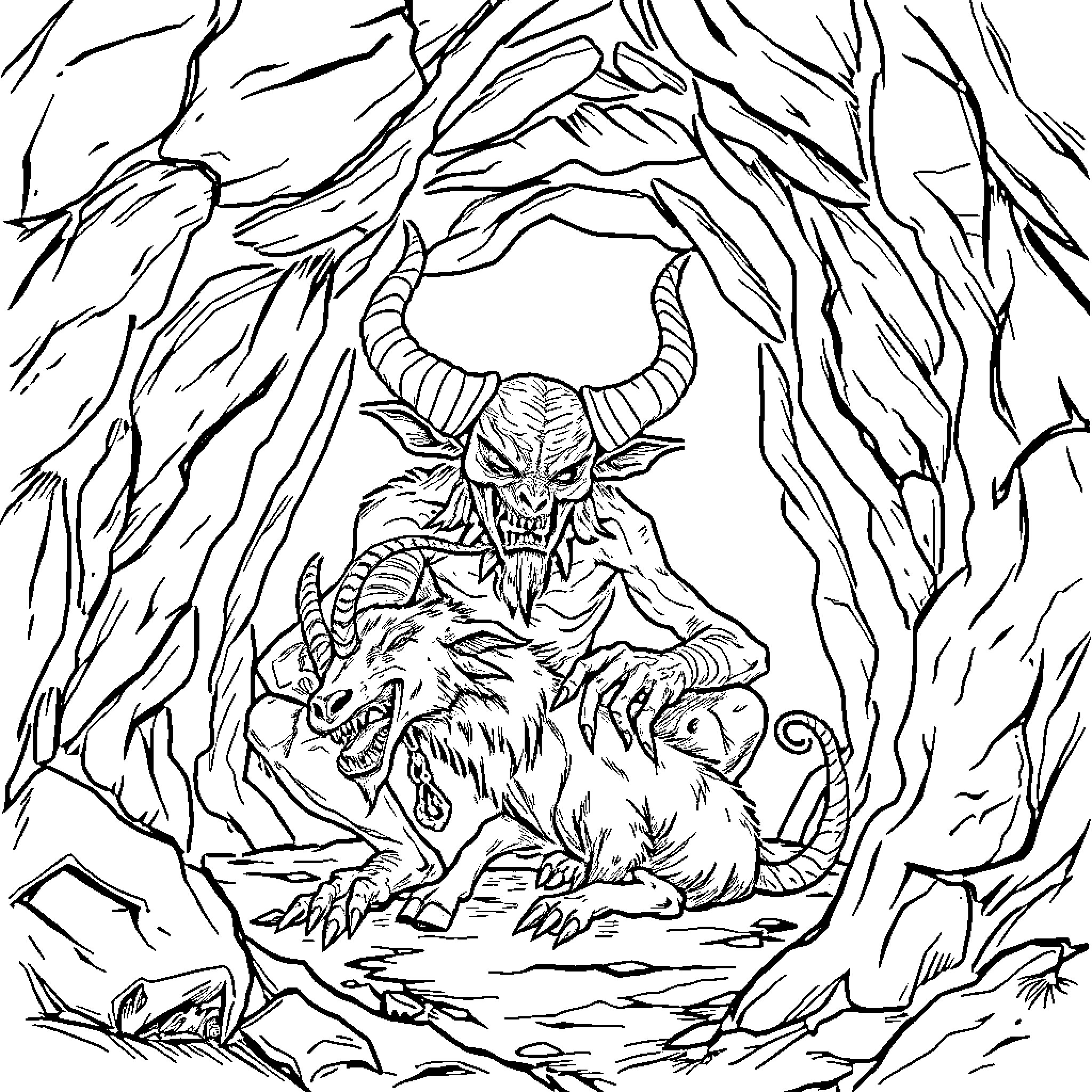 Demon commands a ferocious beast in an ominous cave Coloring Page (free black-and-white line drawing printable PDF for all, from beginners to advanced learners, including children, teens, adults, and seniors)
