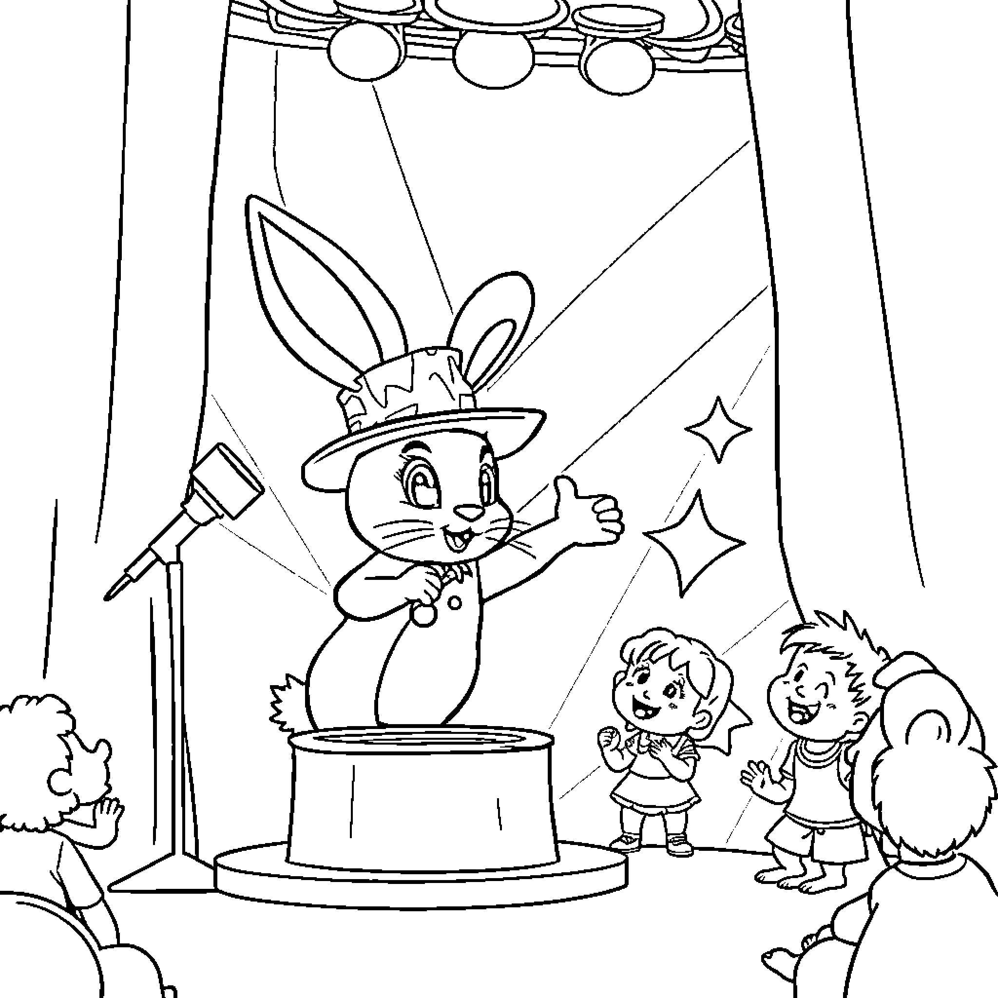 Bunny Magician Performing Tricks for Children Coloring Page (free black-and-white line drawing printable PDF for all, from beginners to advanced learners, including children, teens, adults, and seniors)