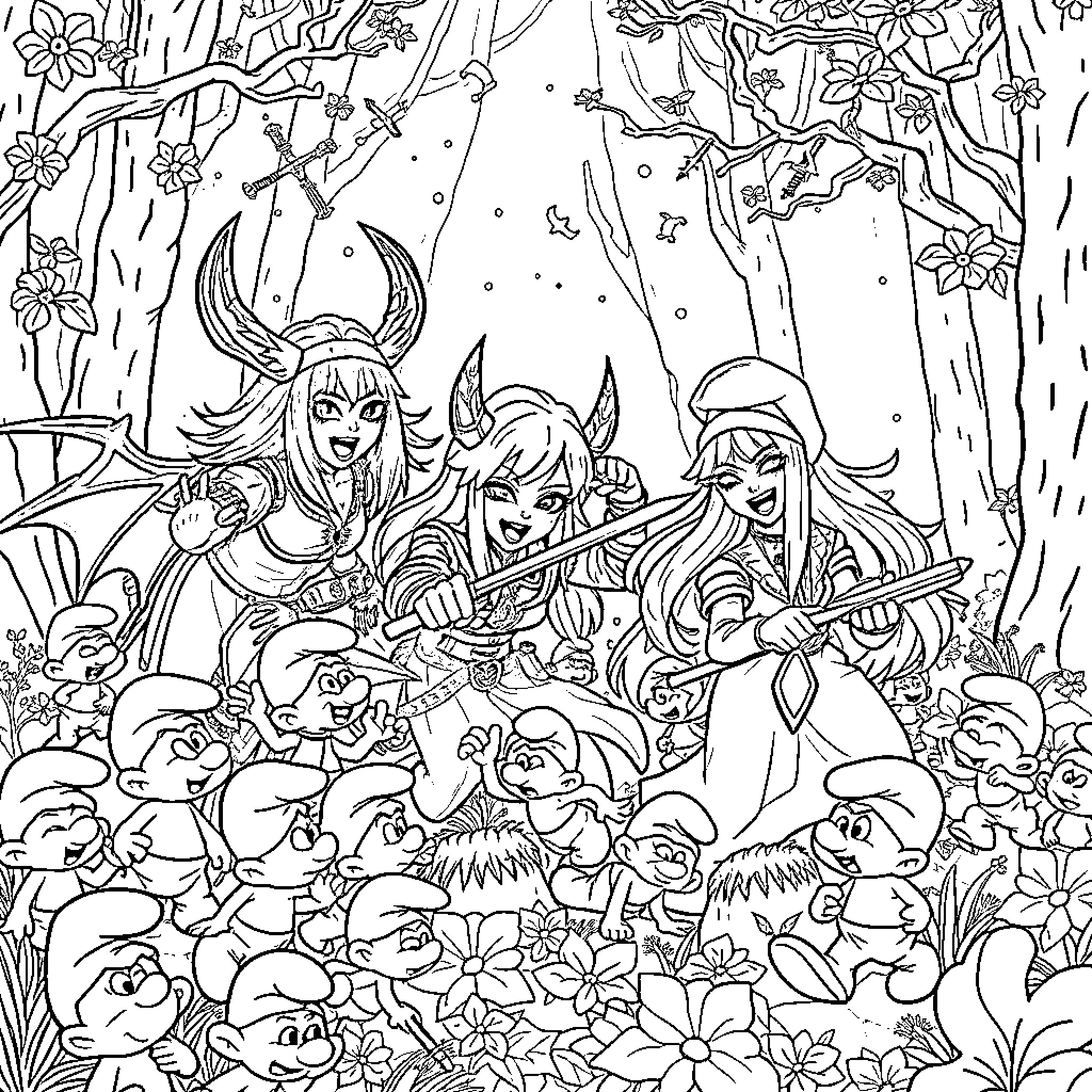 Demon Hunter Warriors in Enchanted Forest Coloring Page (free black-and-white line drawing printable PDF for all, from beginners to advanced learners, including children, teens, adults, and seniors)