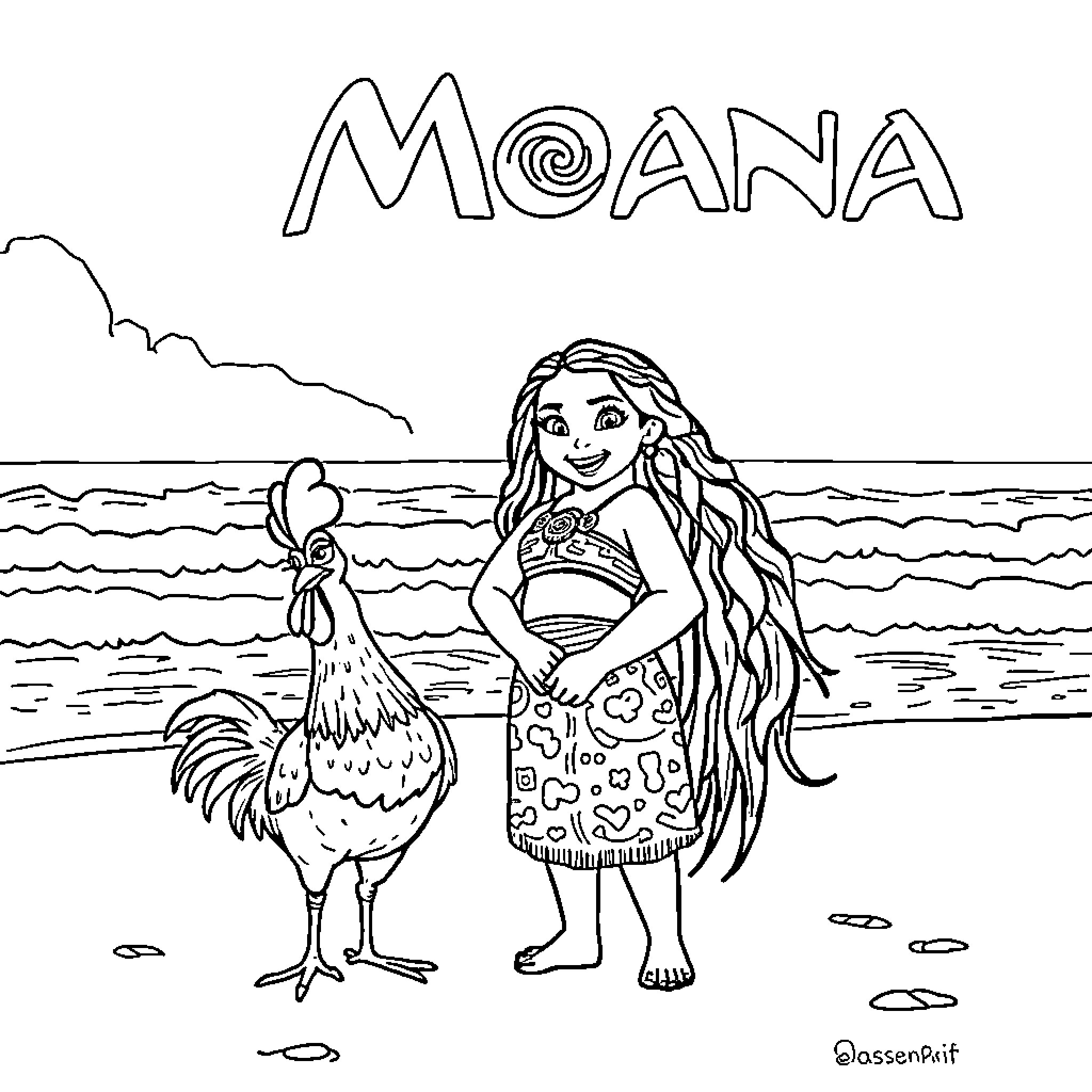 Moana interacting with animal friend on beach Coloring Page (free black-and-white line drawing printable PDF for all, from beginners to advanced learners, including children, teens, adults, and seniors)