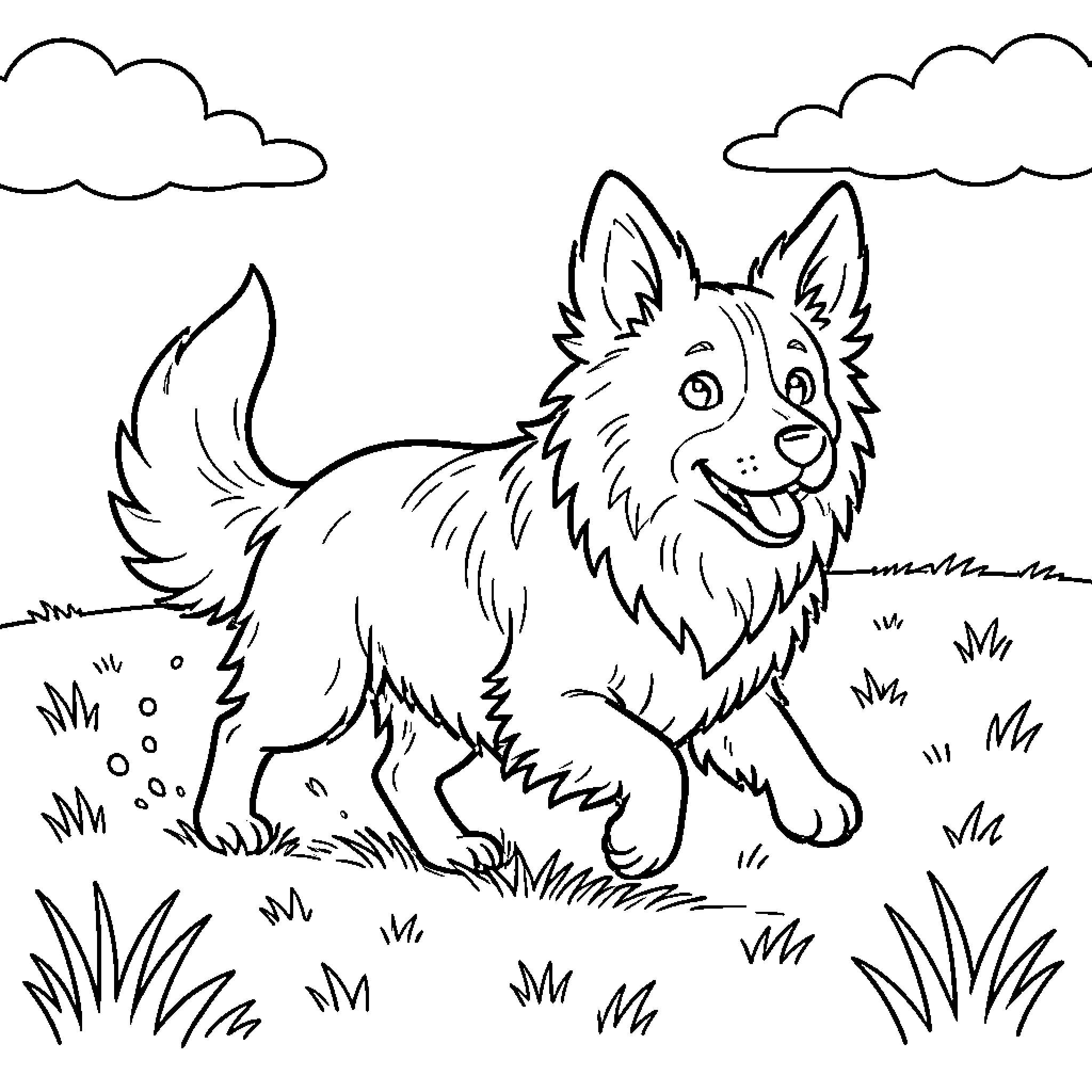 Border Collie playing happily in the grassy field Coloring Page (free black-and-white line drawing printable PDF for all, from beginners to advanced learners, including children, teens, adults, and seniors)
