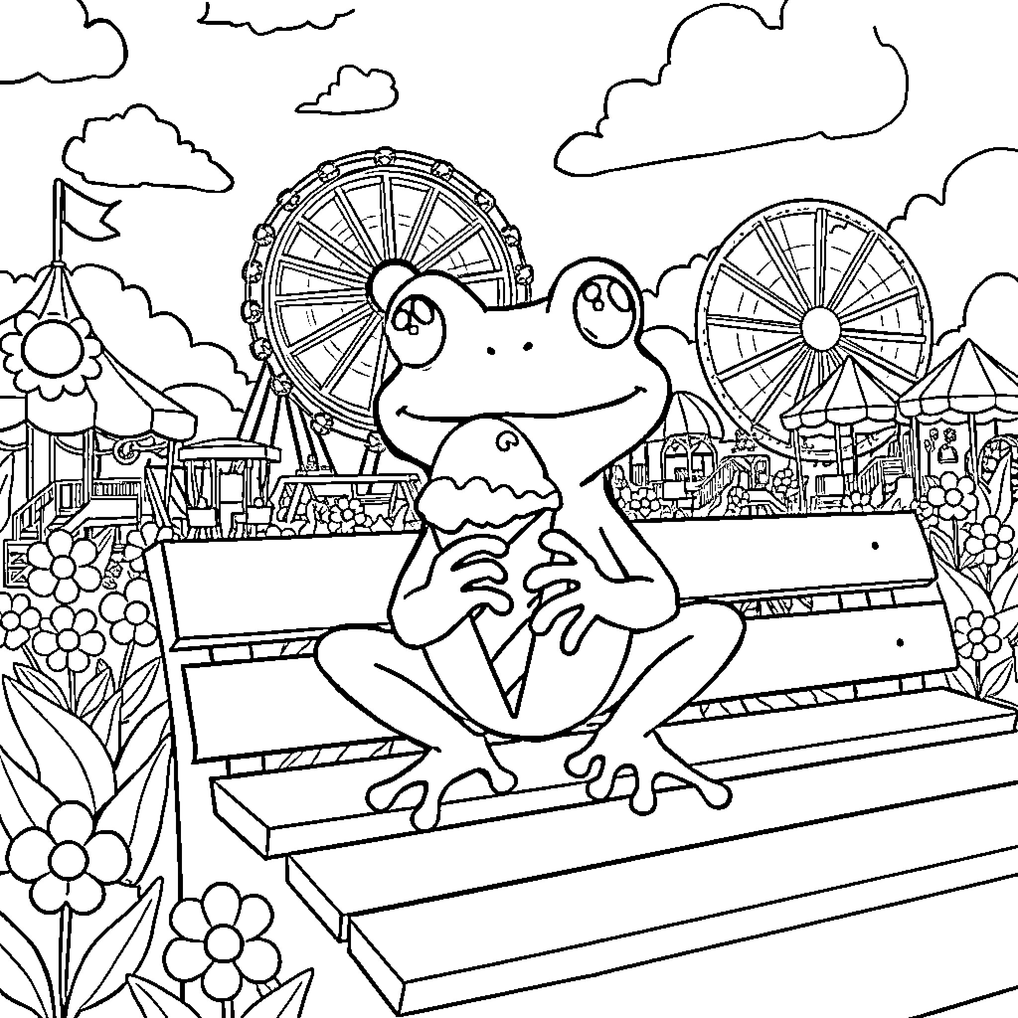 Frog enjoying the carnival rides at the fairground Coloring Page (free black-and-white line drawing printable PDF for all, from beginners to advanced learners, including children, teens, adults, and seniors)
