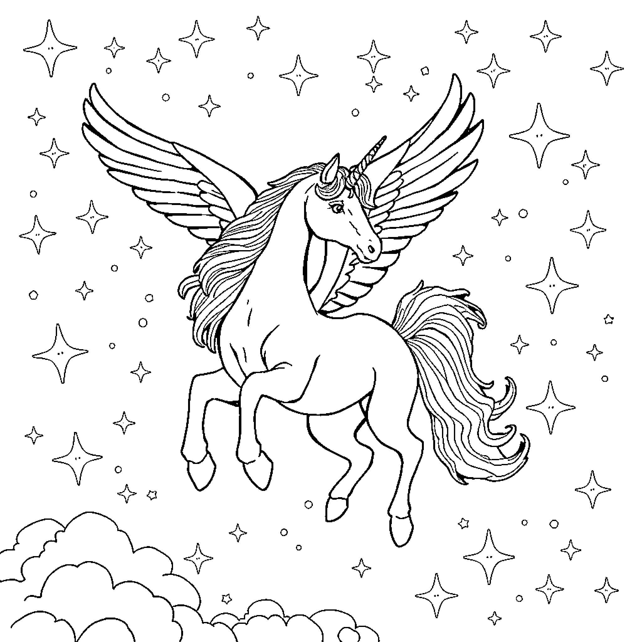 Unicorn soaring through the starry sky Coloring Page (free black-and-white line drawing printable PDF for all, from beginners to advanced learners, including children, teens, adults, and seniors)