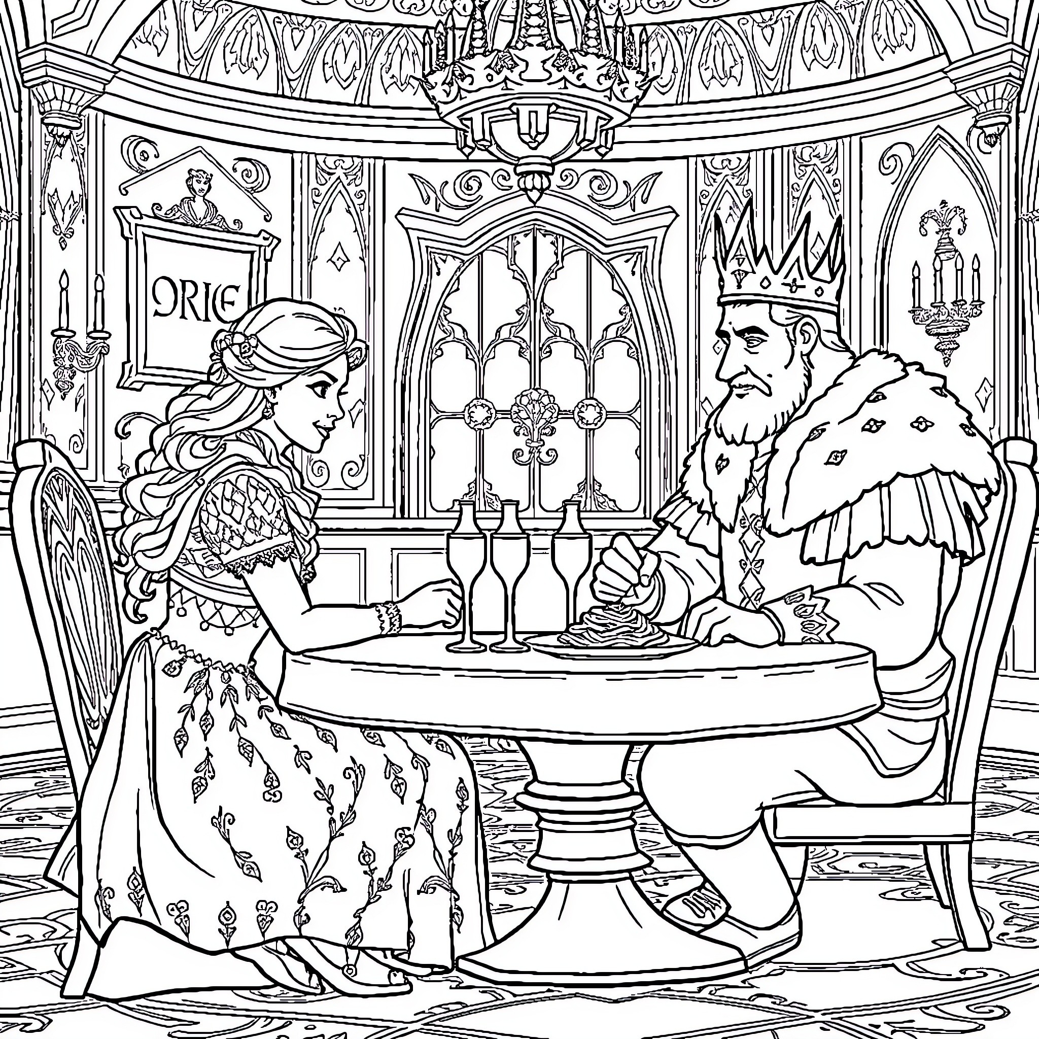 Reine des Neiges: Royal Feast in a Majestic Hall Coloring Page (free black-and-white line drawing printable PDF for all, from beginners to advanced learners, including children, teens, adults, and seniors)