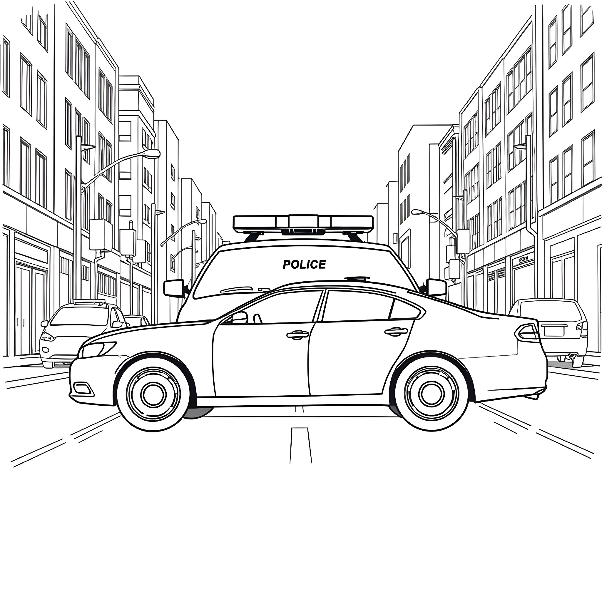 Police Car on City Street with Buildings Coloring Page (free black-and-white line drawing printable PDF for all, from beginners to advanced learners, including children, teens, adults, and seniors)