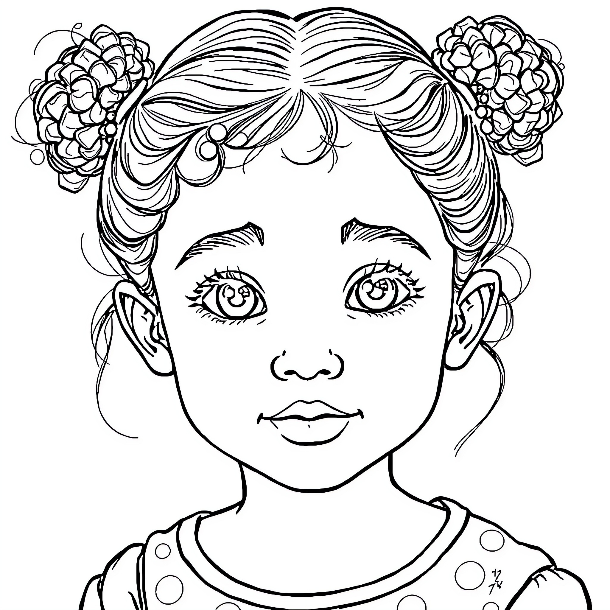 Girl with creative floral hairstyle Coloring Page (free black-and-white line drawing printable PDF for all, from beginners to advanced learners, including children, teens, adults, and seniors)
